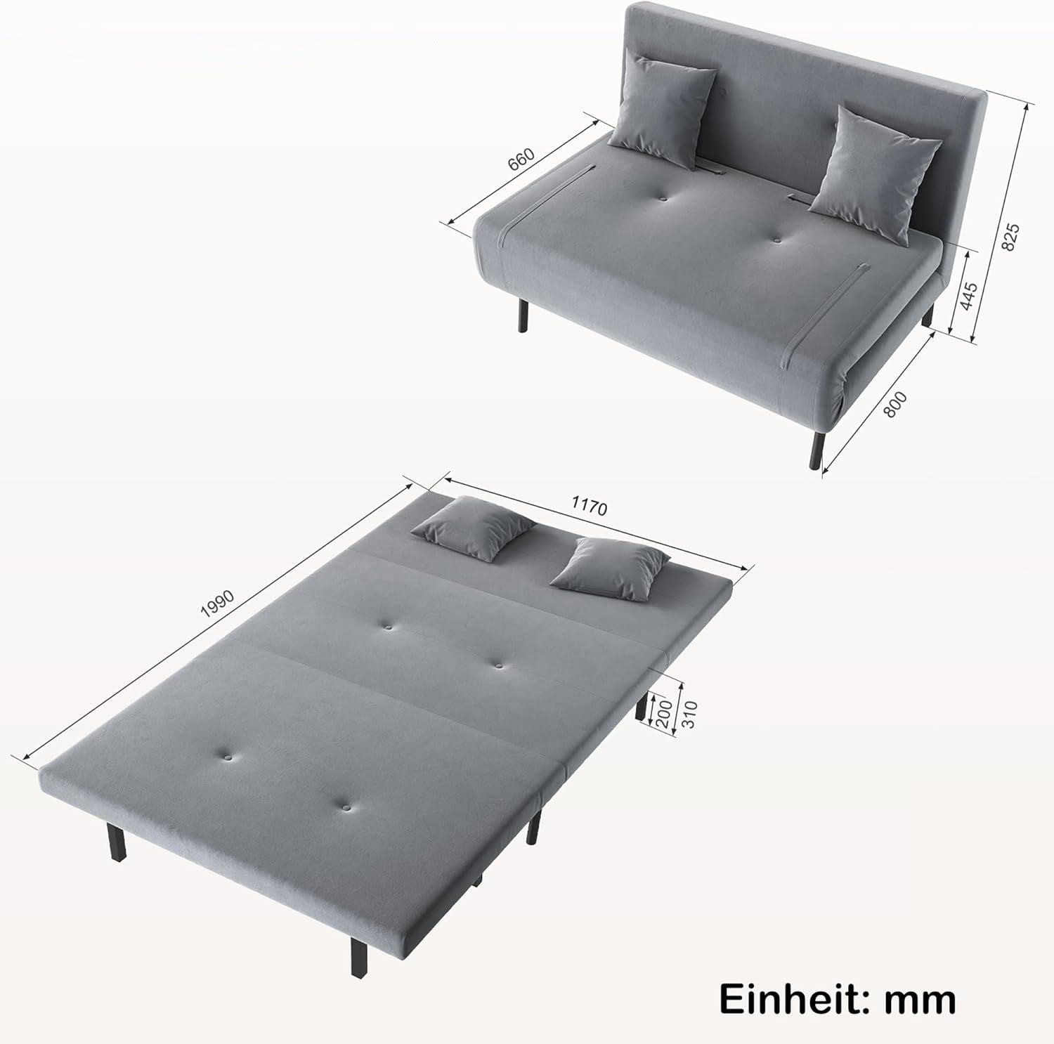 SONNI Schlafsofa 120cm Sofa mit Schlaffunktion, 2 Lendenkissen, Verstellbarer Rückenlehne, Bettcouch aus Stoff, Klein Klappsofa für Wohnzimmer, Schlafzimmer Samtoptik