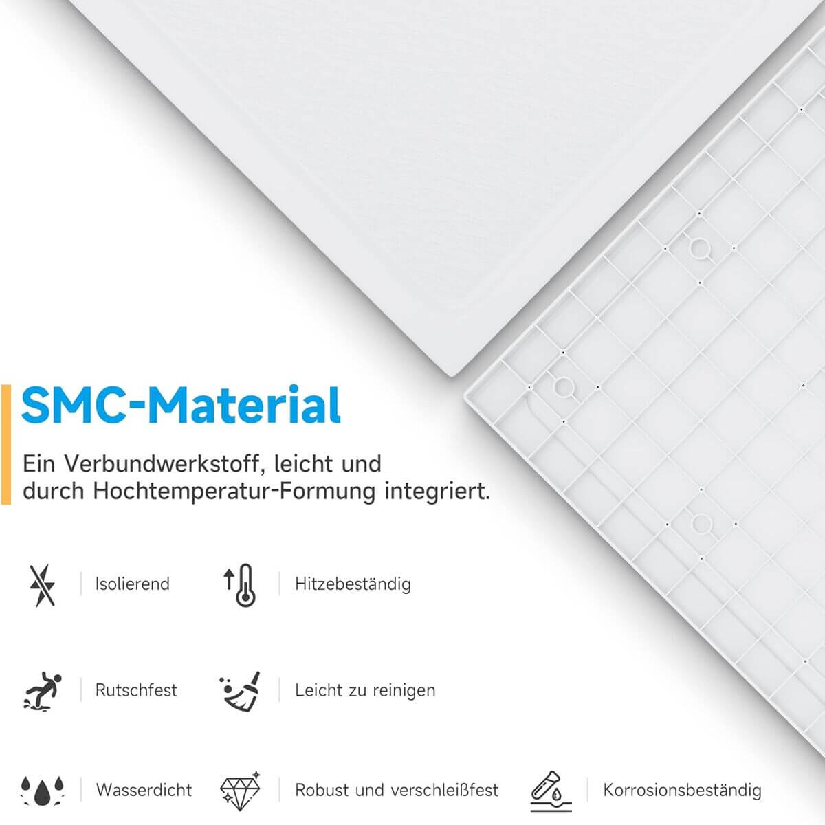 SONNI Quadratische Form Duschtasse- mit flachem Design, Rutschfeste Duschwanne aus, Material SMC, Mittige Entwässerung, inklusive Ablaufgarnitur