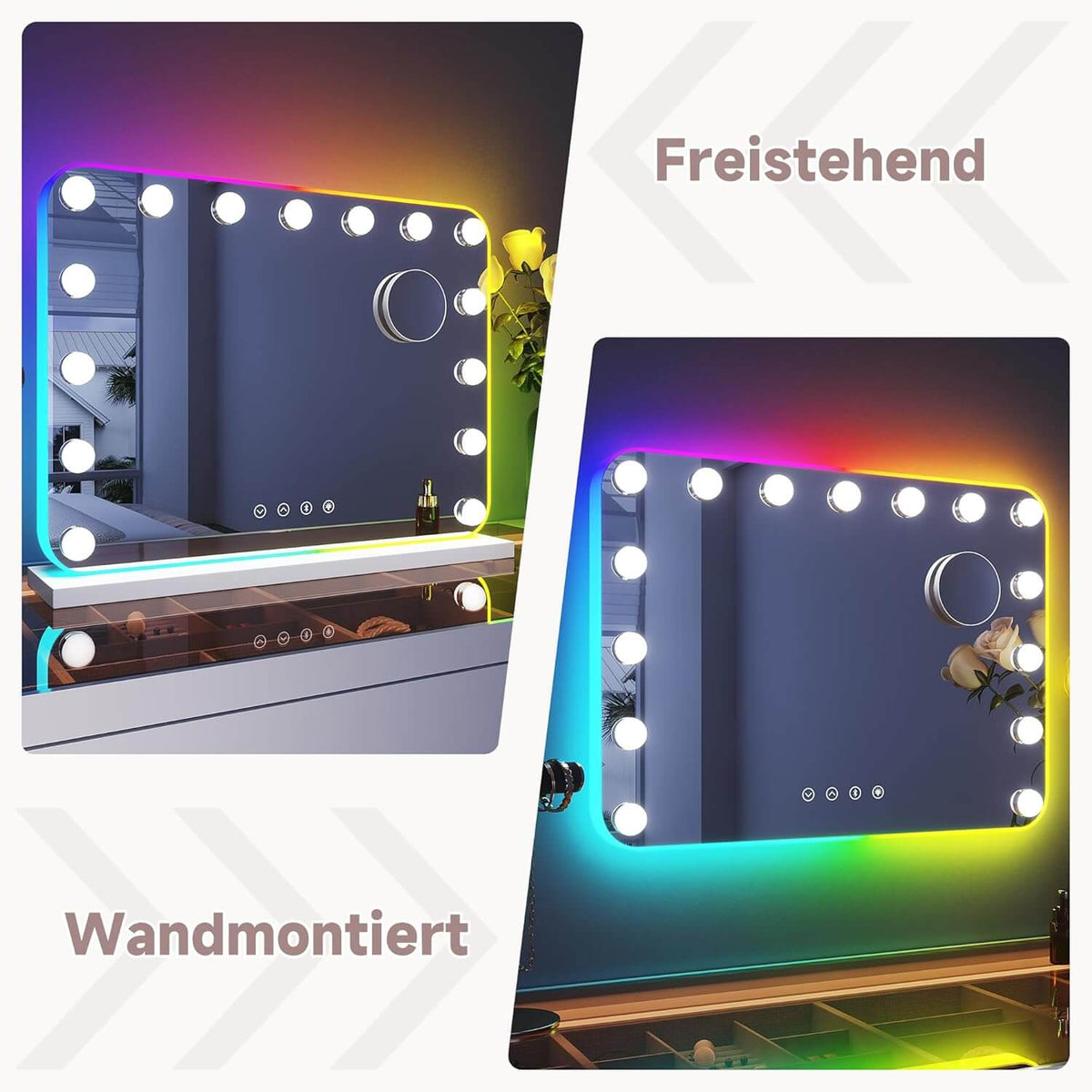 SONNI 58x43cm Hollywood Spiegel mit RGB Beleuchtung Schminkspiegel mit 3 Farbtemperatur Licht und 10X Abnehmbare Lupe, Bluetooth, Wandmontiert oder Freistehend