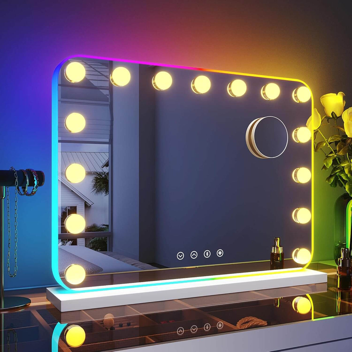 SONNI 58x43cm Hollywood Spiegel mit RGB Beleuchtung Schminkspiegel mit 3 Farbtemperatur Licht und 10X Abnehmbare Lupe, Bluetooth, Wandmontiert oder Freistehend