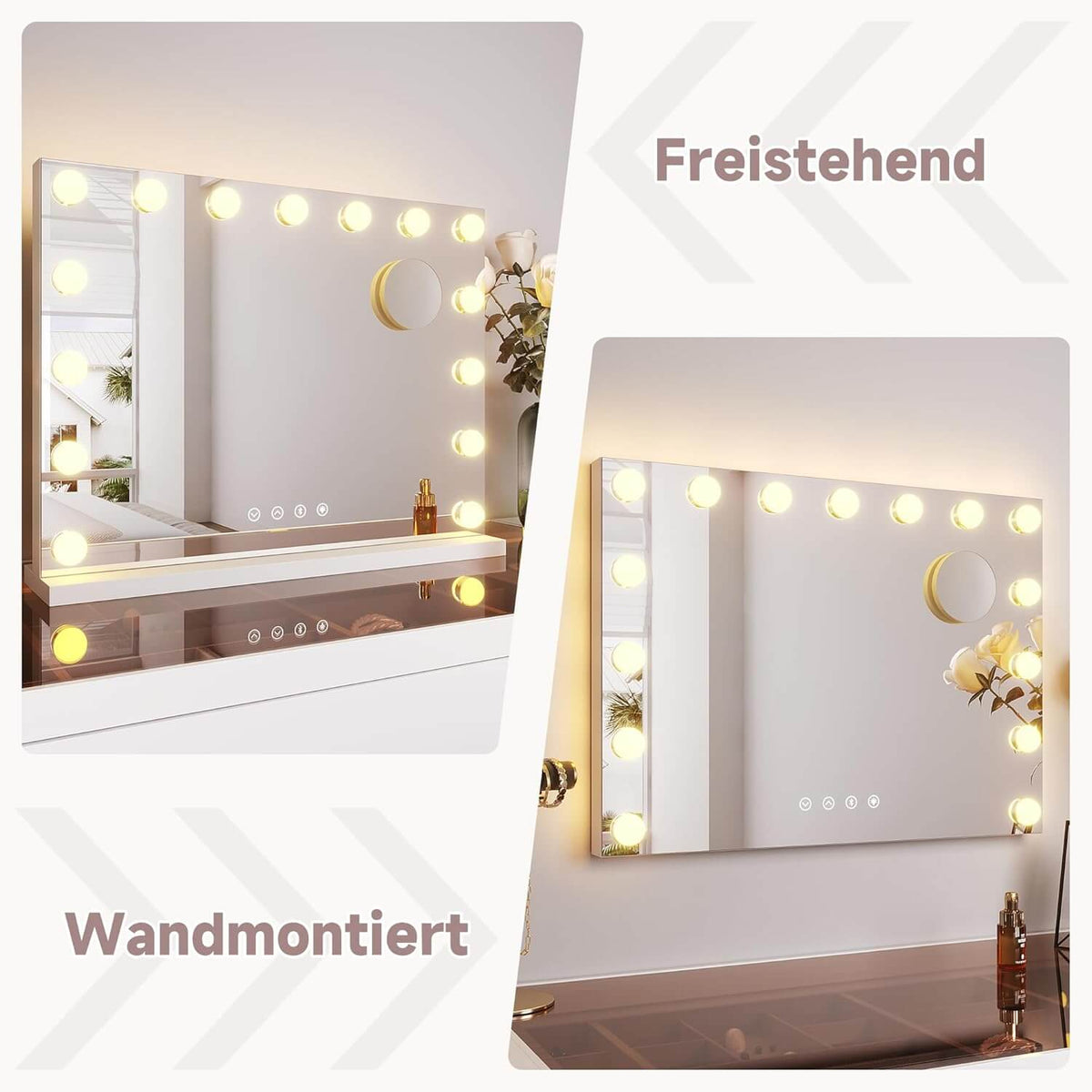 SONNI  Schminkspiegel 80x60cm, Hollywood Spiegel mit Beleuchtung, 3 Lichtmodi, mit USB und Bluetooth, Kosmetikspiegel mit 10X Abnehmbare Lupe, Wandspiegel, Tischspiegel, Weiß