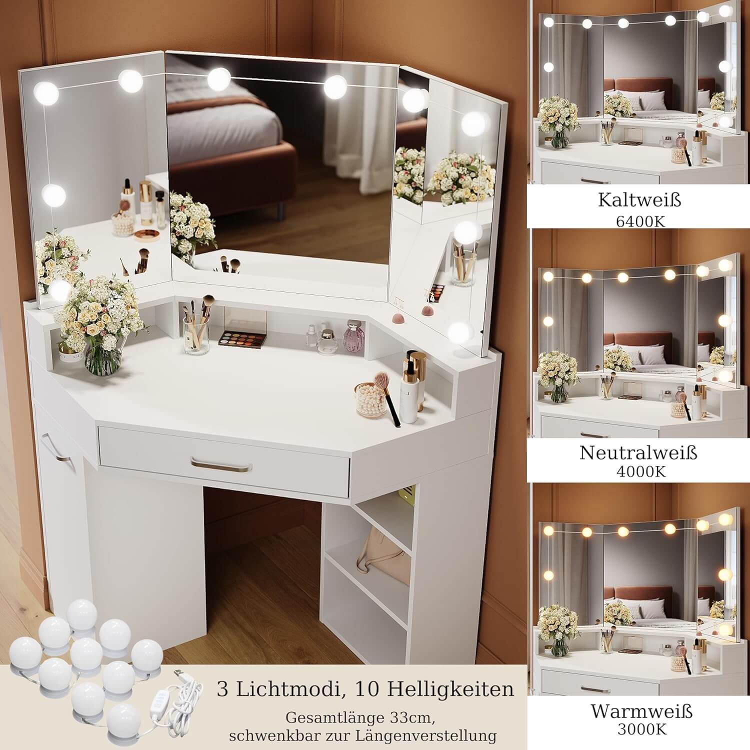 SONNI Eck Schminktisch mit Dreifachspiegel, 111x54x141.5cm, Kosmetiktisch mit Großer Schubladen, Auszugsschrank, Regale, 3 Offene Fächer, Moderner Frisiertisch für Schlafzimmer