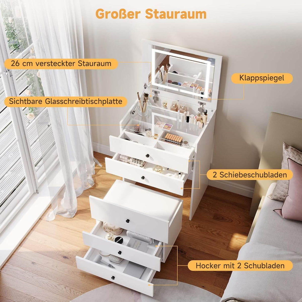 SONNI 3 in 1 Schminktisch mit Klappspiegel und LED, Kosmetiktisch mit sichtbarer Glasplatte, 4 Schubladen, Aufbewahrungshocker mit 4 Universalrollen, Frisiertisch für Schlafzimmer, Weiß, 60x45x83cm