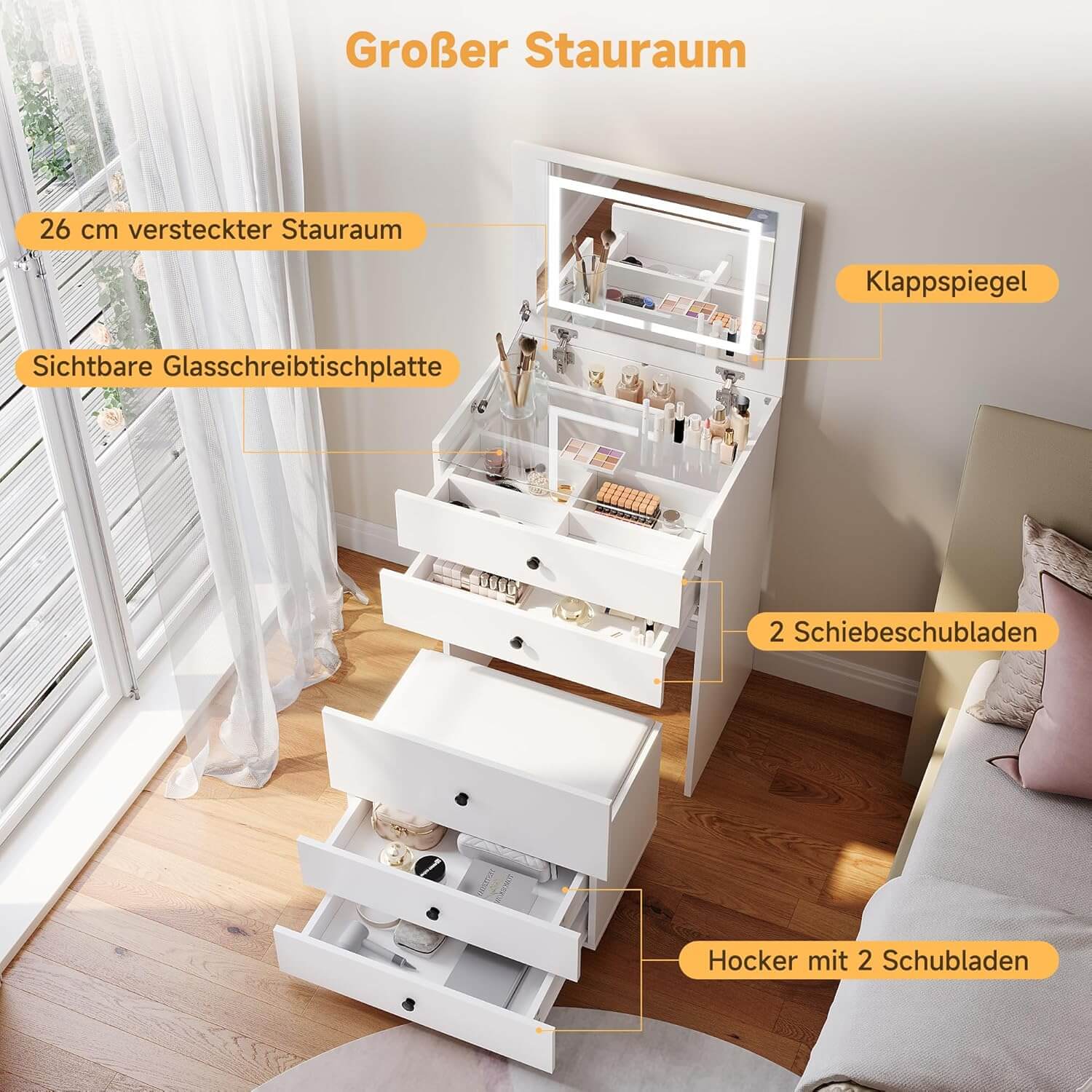 SONNI 3 in 1 Schminktisch mit Klappspiegel und LED, Kosmetiktisch mit sichtbarer Glasplatte, 4 Schubladen, Aufbewahrungshocker mit 4 Universalrollen, Frisiertisch für Schlafzimmer, Weiß, 60x45x83cm