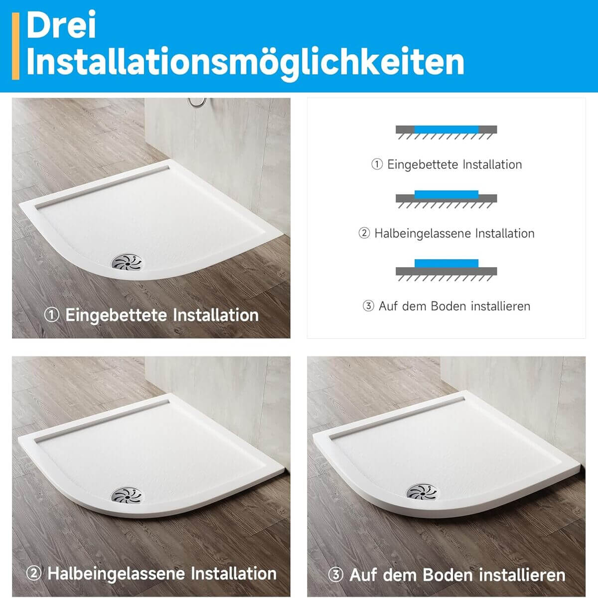 SONNI Oval Duschtasse - Niedrigprofil Duschwanne mit 550 mm Radius, Extra Flach, SMC, Inklusive Ablaufgarnitur