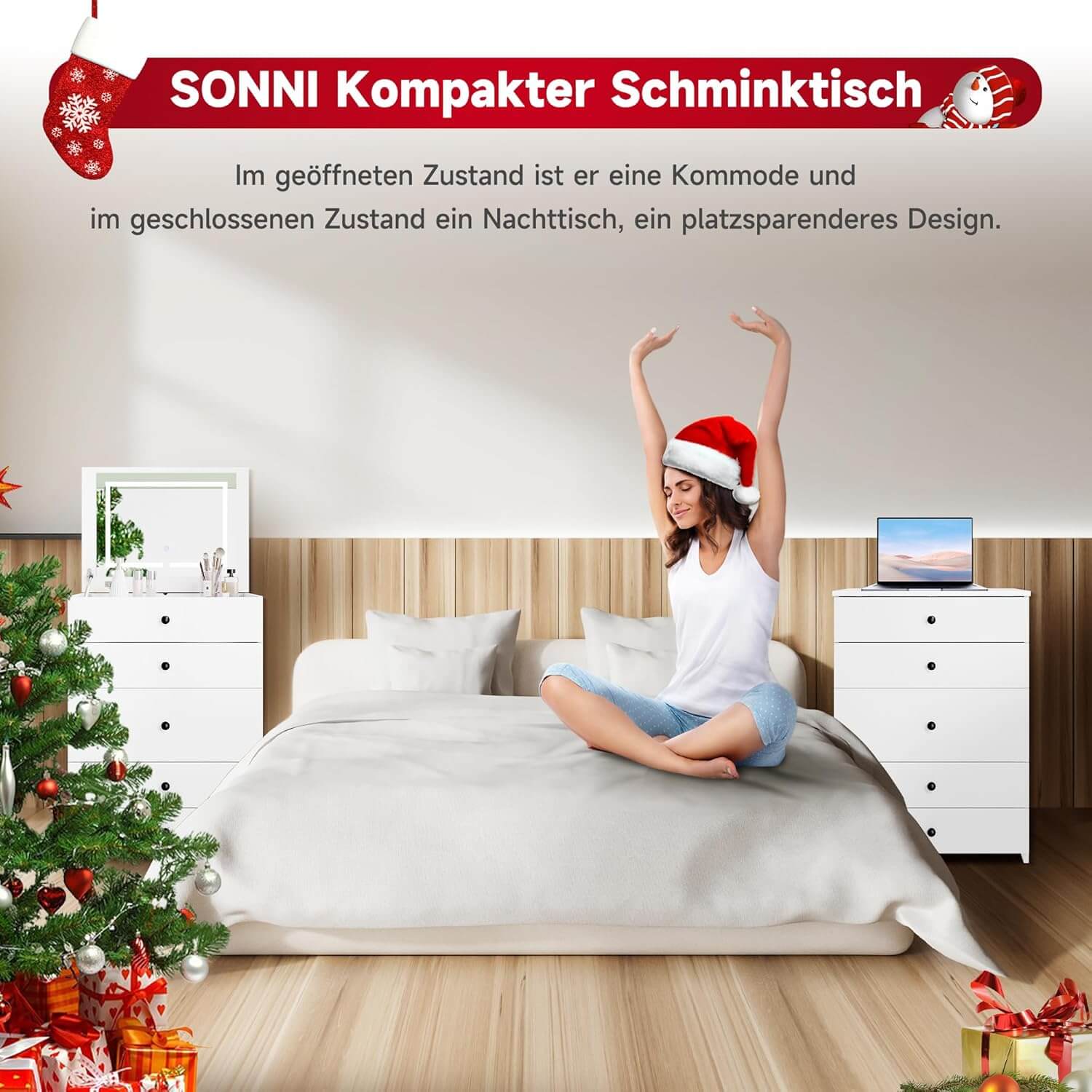 SONNI 3 in 1 Schminktisch mit Klappspiegel und LED, Kosmetiktisch mit sichtbarer Glasplatte, 4 Schubladen, Aufbewahrungshocker mit 4 Universalrollen, Frisiertisch für Schlafzimmer, Weiß, 60x45x83cm