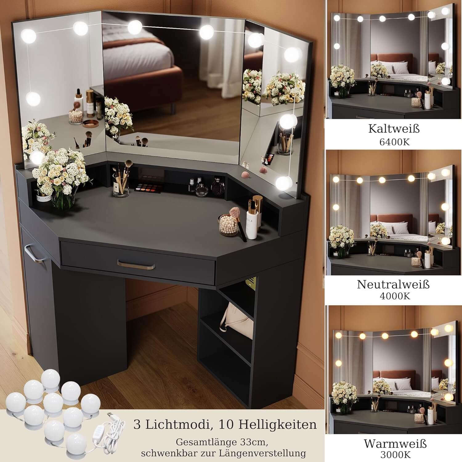 SONNI Eck Schminktisch mit Dreifachspiegel, 111x54x141.5cm, Kosmetiktisch mit Großer Schubladen, Auszugsschrank, Regale, 3 Offene Fächer, Moderner Frisiertisch für Schlafzimmer