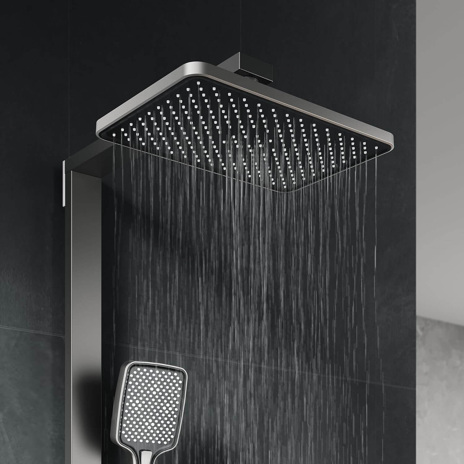SONNI Duschsystem mit Thermostat (KTW/WRAS) Anthrazit Matt - Digital Temperaturanzeige, 360° Drehbarer Eckiger Kopfbrause (1 Strahlart), Handbrause (3 Strahlarten), Brausestange aus Vierkantrohr, 38°C