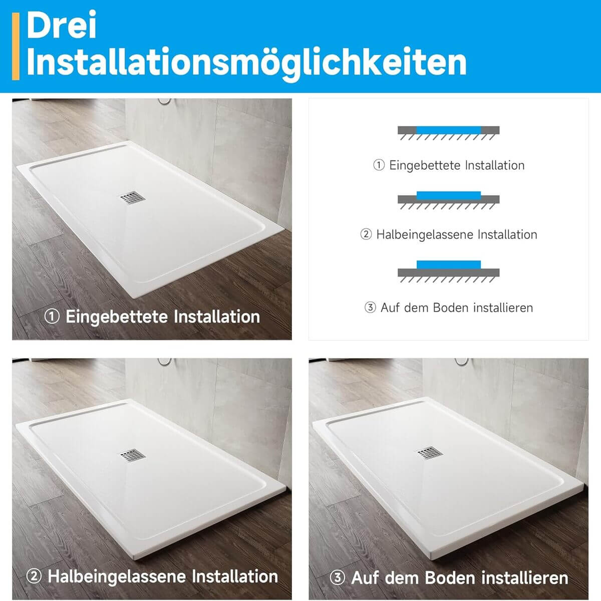 SONNI Quadratische Form Duschtasse- mit flachem Design, Rutschfeste Duschwanne aus, Material SMC, Mittige Entwässerung, inklusive Ablaufgarnitur