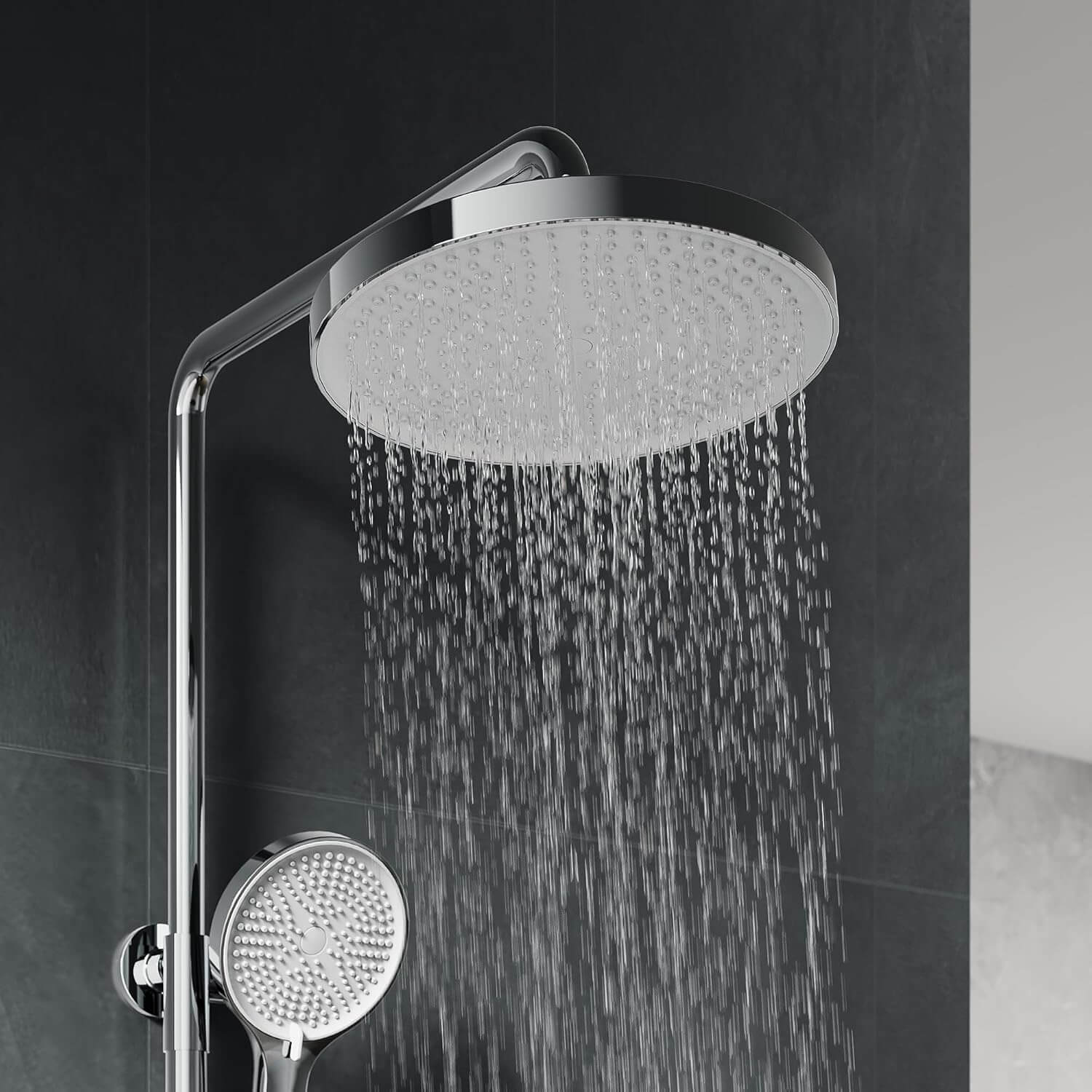 SONNI Duschsystem mit Thermostat (KTW/WRAS) Chrom - Kindersicherung, Französisches Ventil, 360° Drehbarer Runder Kopfbrause (1 Strahlart), Handbrause (3 Strahlarten), Brausestange aus Runde, 38°C, ABS