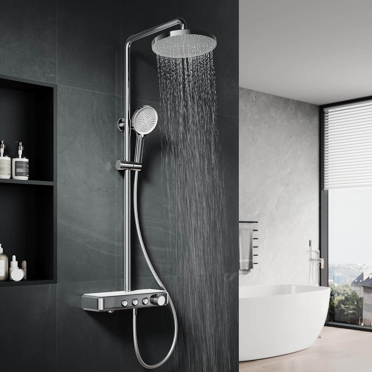 SONNI Duschsystem mit Thermostat (KTW/WRAS) Chrom - Kindersicherung, Französisches Ventil, 360° Drehbarer Runder Kopfbrause (1 Strahlart), Handbrause (3 Strahlarten), Brausestange aus Runde, 38°C, ABS