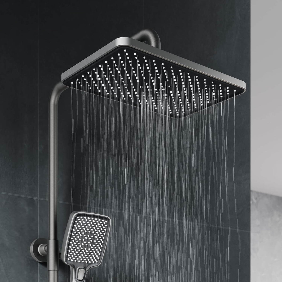 SONNI Duschsystem mit Thermostat (KTW/WRAS) Anthrazit Matt - 360° Drehbarer Eckiger Kopfbrause (1 Strahlart), Handbrause (3 Strahlarten), Brausestange aus Runde, Duschset, 38°C Konstanttemperatur, ABS