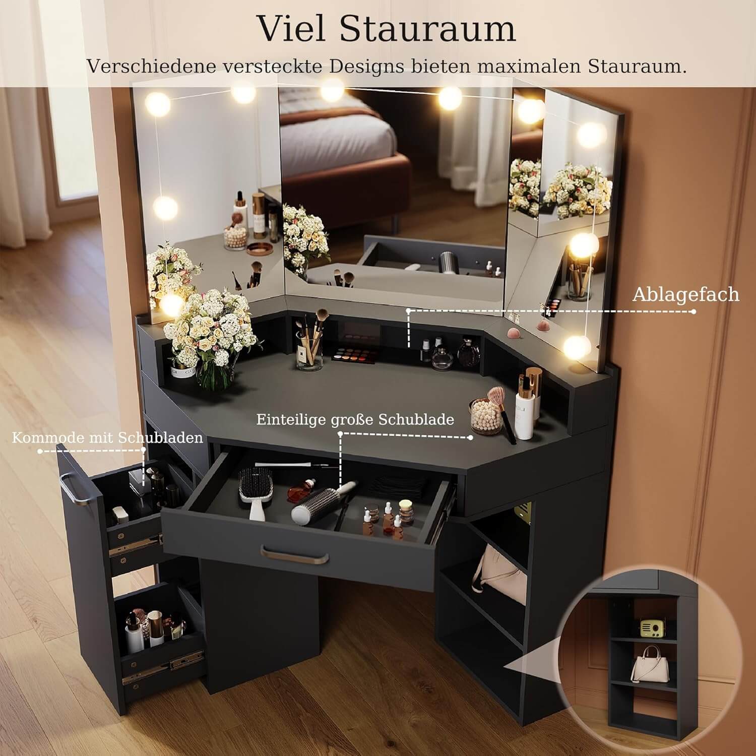 SONNI Eck Schminktisch mit Dreifachspiegel, 111x54x141.5cm, Kosmetiktisch mit Großer Schubladen, Auszugsschrank, Regale, 3 Offene Fächer, Moderner Frisiertisch für Schlafzimmer