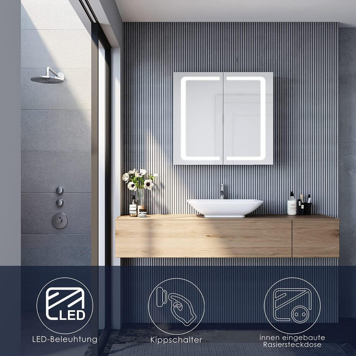 SONNI Edelstahl LED Spiegelschrank mit Beleuchtung, Steckdose und Kippschalter fürs Badezimmer 70x65 cm