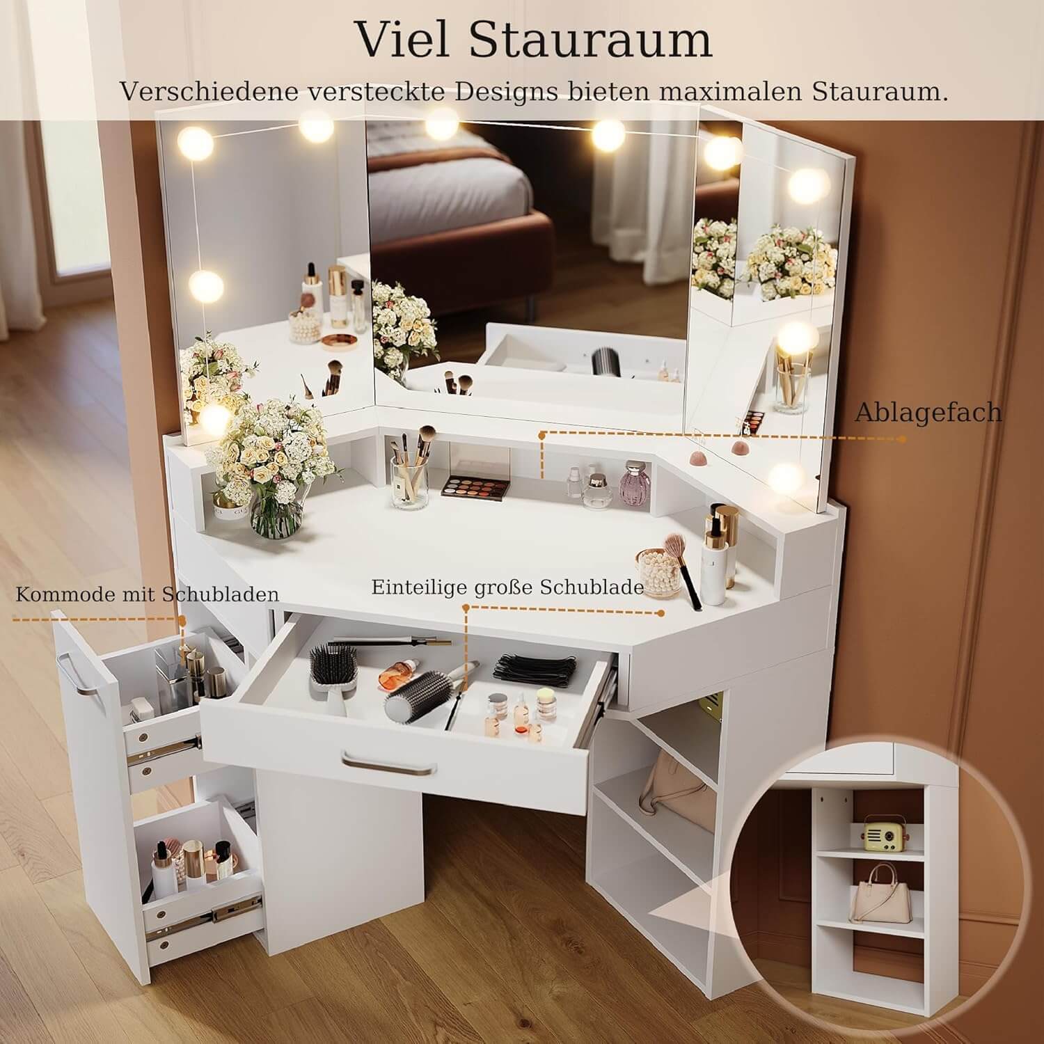 SONNI Eck Schminktisch mit Dreifachspiegel, 111x54x141.5cm, Kosmetiktisch mit Großer Schubladen, Auszugsschrank, Regale, 3 Offene Fächer, Moderner Frisiertisch für Schlafzimmer