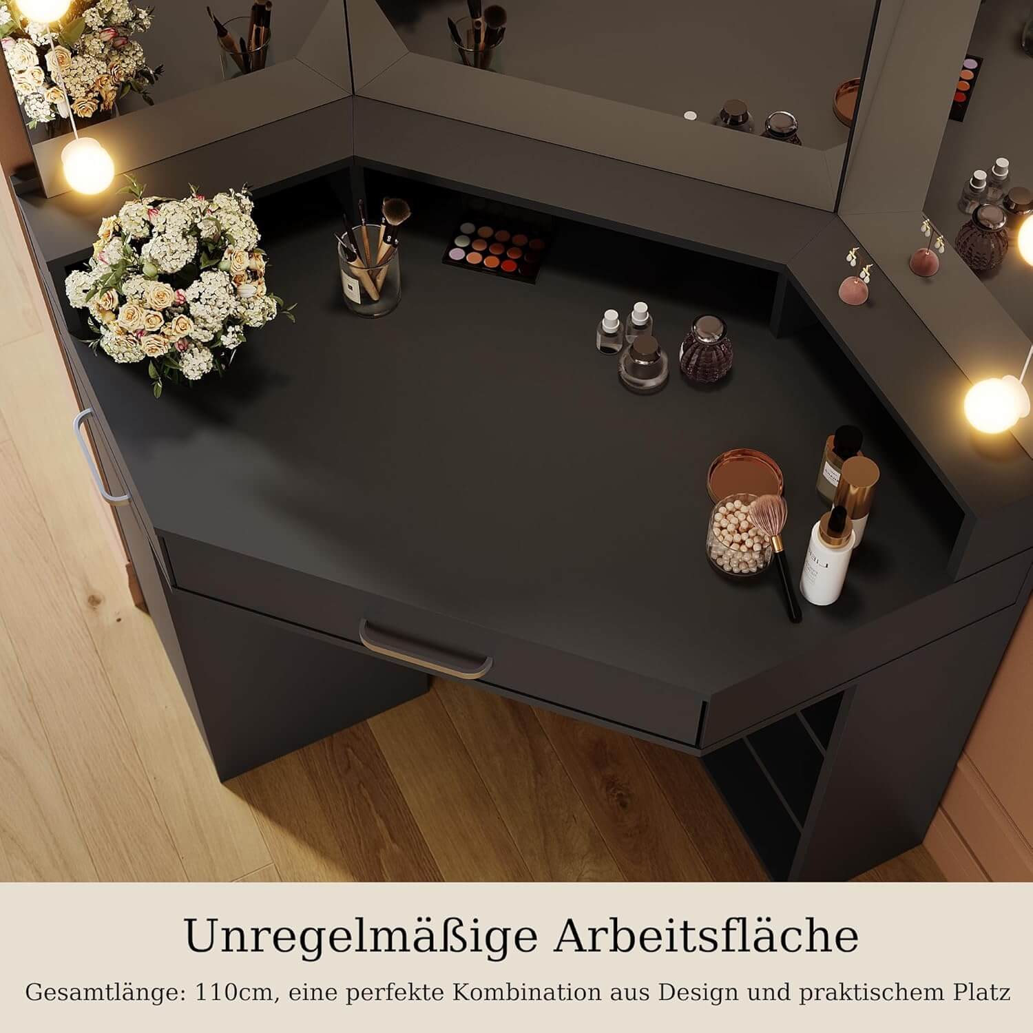 SONNI Eck Schminktisch mit Dreifachspiegel, 111x54x141.5cm, Kosmetiktisch mit Großer Schubladen, Auszugsschrank, Regale, 3 Offene Fächer, Moderner Frisiertisch für Schlafzimmer