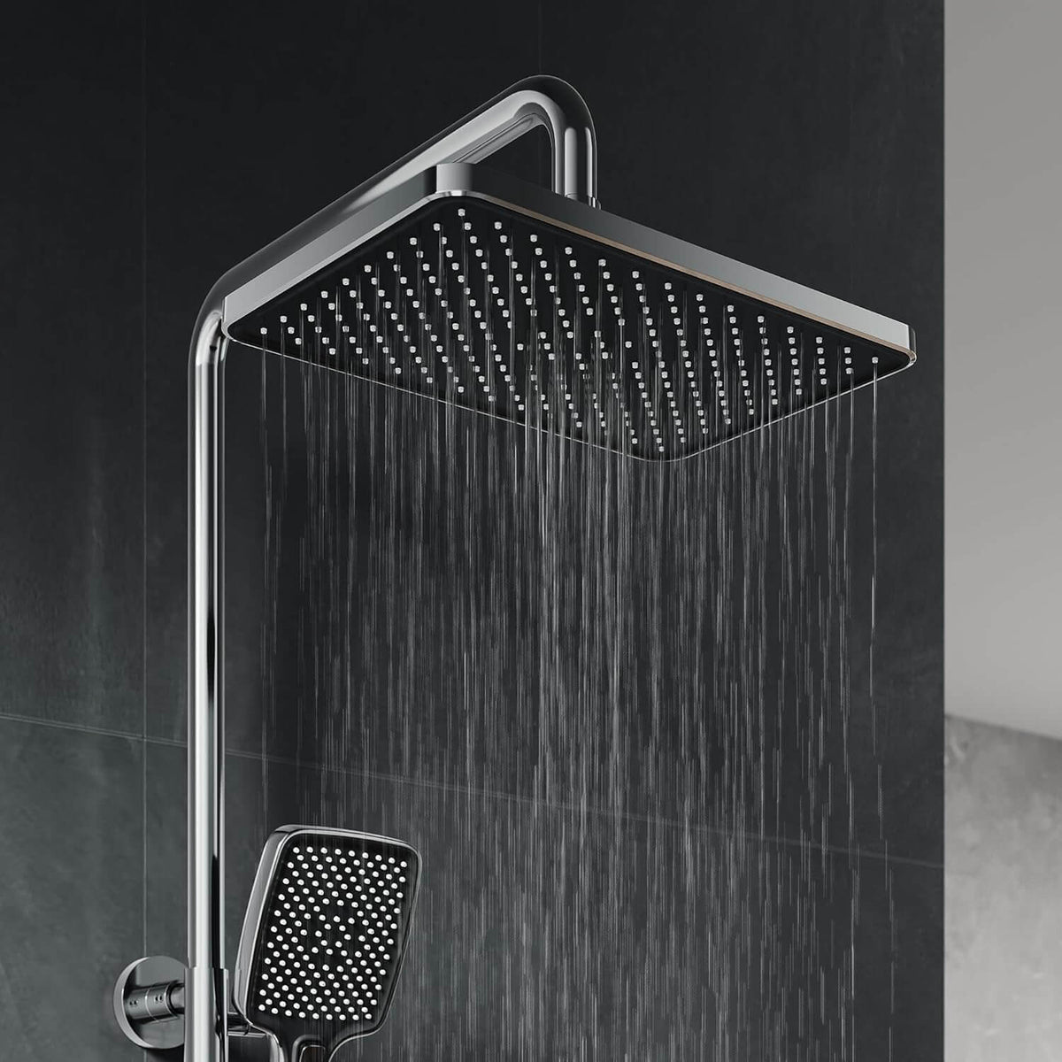 SONNI Duschsystem mit Thermostat (KTW/WRAS) Chrom - 360° Drehbarer Eckiger Kopfbrause (1 Strahlart), Handbrause (3 Strahlarten), Brausestange aus Runde, Duschset, 38°C Konstanttemperatur, Edelstahl