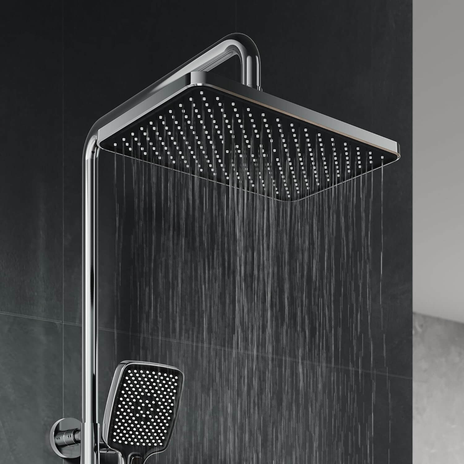 SONNI Duschsystem mit Thermostat (KTW/WRAS) Chrom - 360° Drehbarer Eckiger Kopfbrause (1 Strahlart), Handbrause (3 Strahlarten), Brausestange aus Runde, Duschset, 38°C Konstanttemperatur, Edelstahl