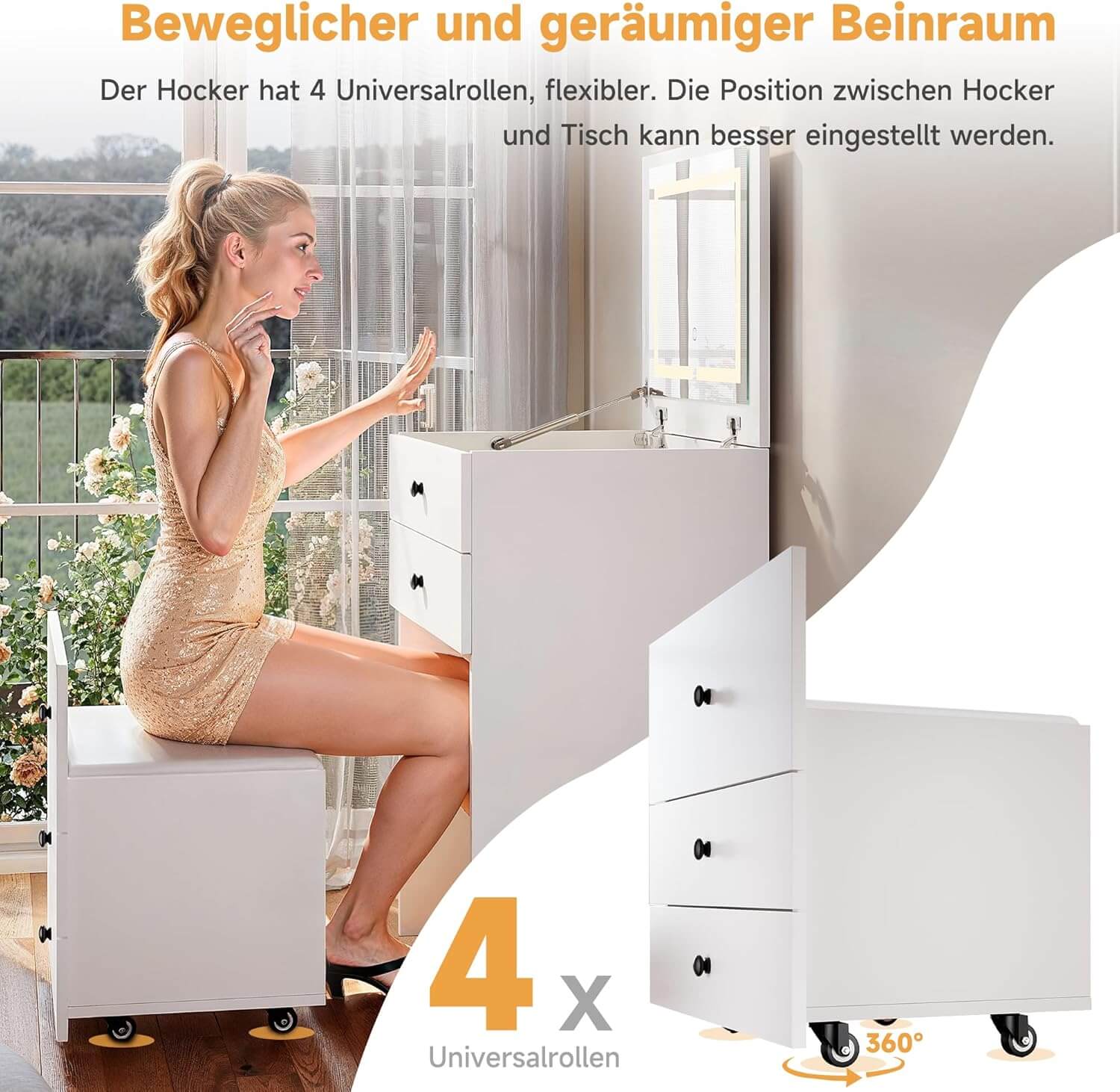 SONNI 3 in 1 Schminktisch mit Klappspiegel und LED, Kosmetiktisch mit sichtbarer Glasplatte, 4 Schubladen, Aufbewahrungshocker mit 4 Universalrollen, Frisiertisch für Schlafzimmer, Weiß, 60x45x83cm