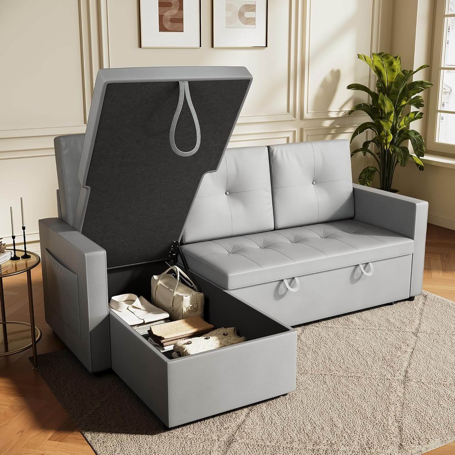 SONNI Schlafsofa 3 Sitzer, 203cm Ecksofa, Schlafcouch mit Seitentaschen, 186 × 110 cm Liegefläche, Klappbares L-förmiges Sofa für Wohnzimmer/Schlafzimmer/Büro, Modernes Polstersofa