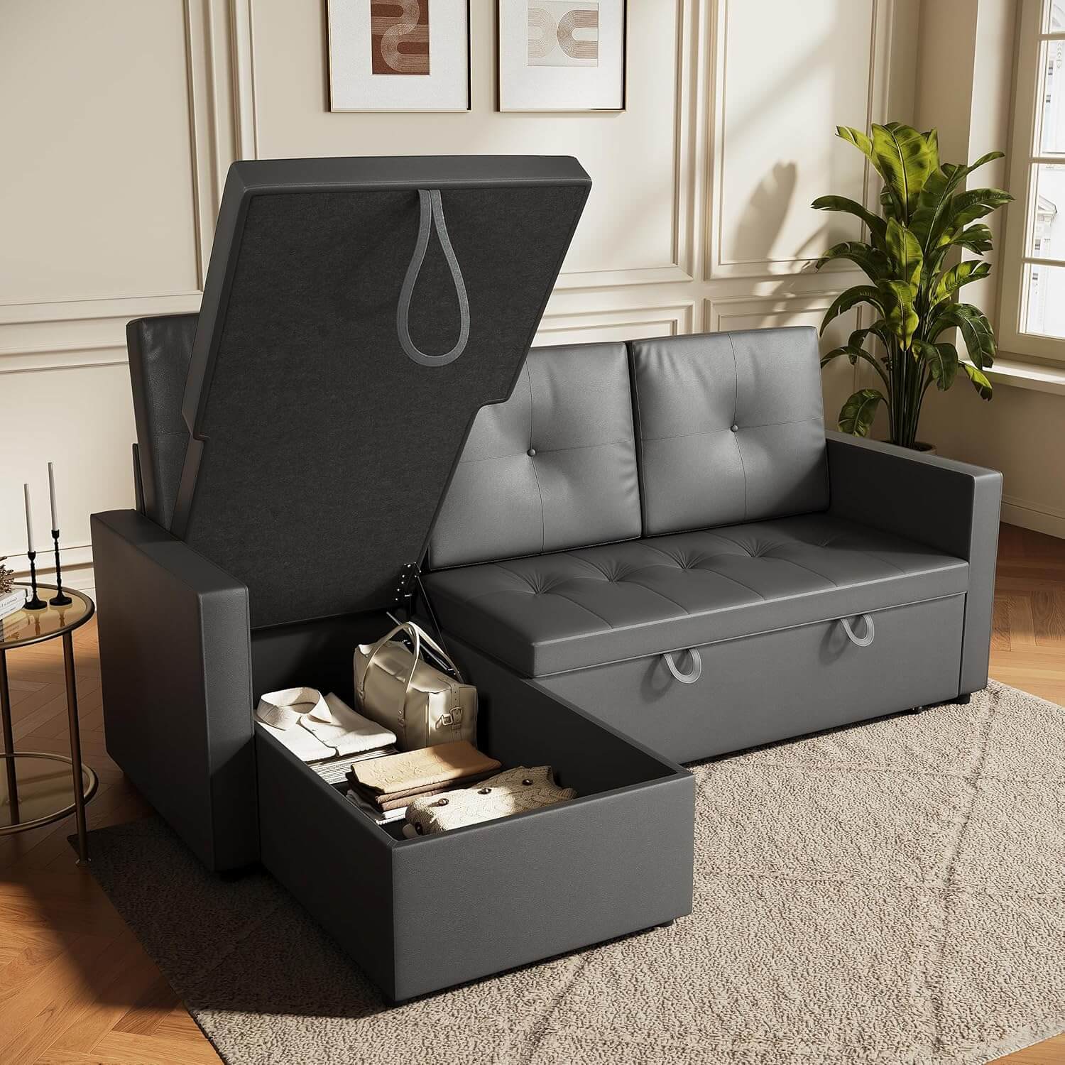 SONNI Schlafsofa 3 Sitzer, 203cm Ecksofa, Schlafcouch mit Seitentaschen, 186 × 110 cm Liegefläche, Klappbares L-förmiges Sofa für Wohnzimmer/Schlafzimmer/Büro, Modernes Polstersofa