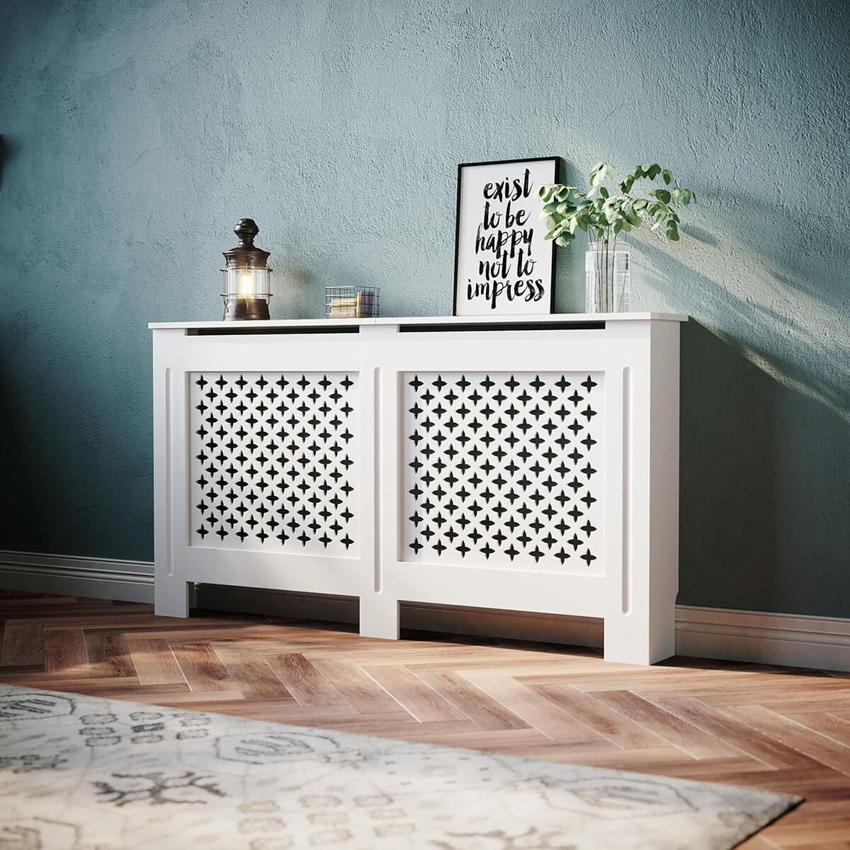 SONNI Heizkörperverkleidung Holz Weiß Klein Raute Heizungsverkleidung Heizkörperabdeckung Heizkörper Abdeckung 152x19x81.5 cm Modern