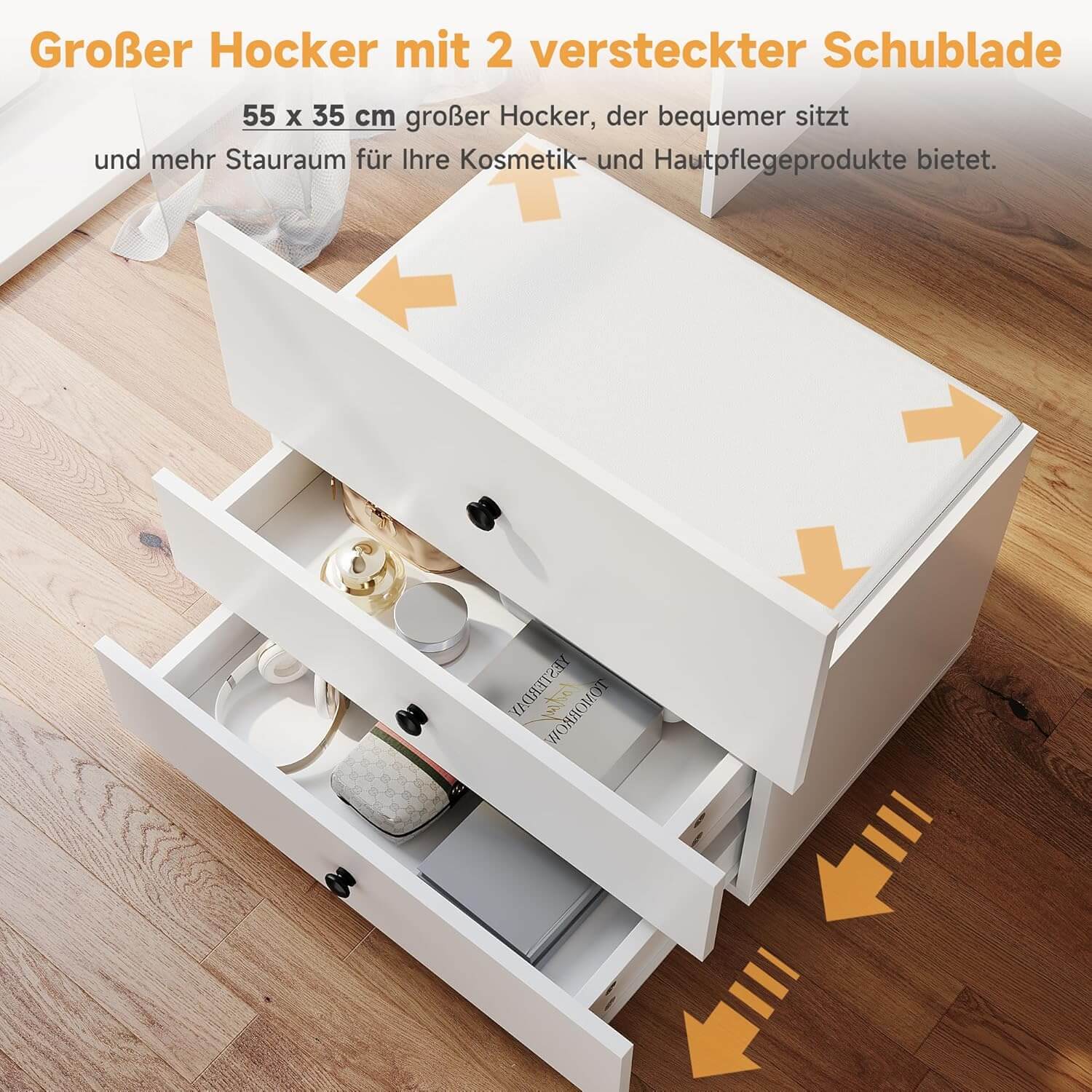 SONNI 3 in 1 Schminktisch mit Klappspiegel und LED, Kosmetiktisch mit sichtbarer Glasplatte, 4 Schubladen, Aufbewahrungshocker mit 4 Universalrollen, Frisiertisch für Schlafzimmer, Weiß, 60x45x83cm