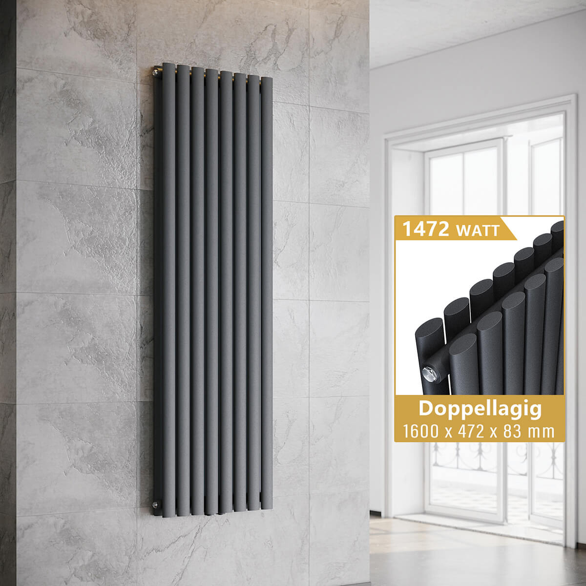 SONNI Design Röhren Heizkörper Oval Paneelheizkörper Vertikal Mittelanschluss Doppellagig 1600*470mm Anthrazit ohne/mit Mutiblock
