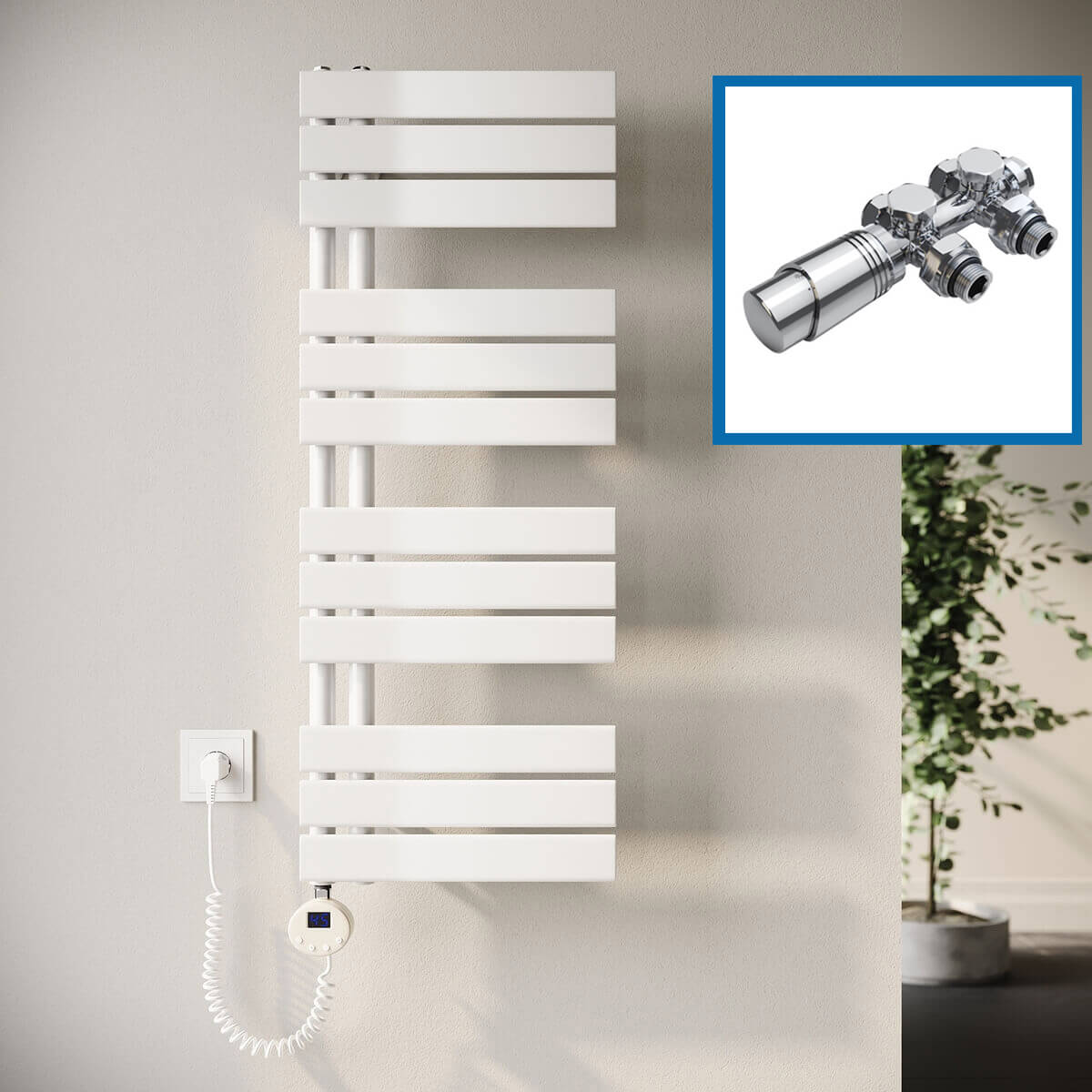 SONNI Badheizkörper Elektrisch mit Thermostat Weiß, Panel Handtuchhalter Elektrisch Flach Handtuchtrokner Handtuchheizkörper mit Heizstab Ohne/mit Mutiblock
