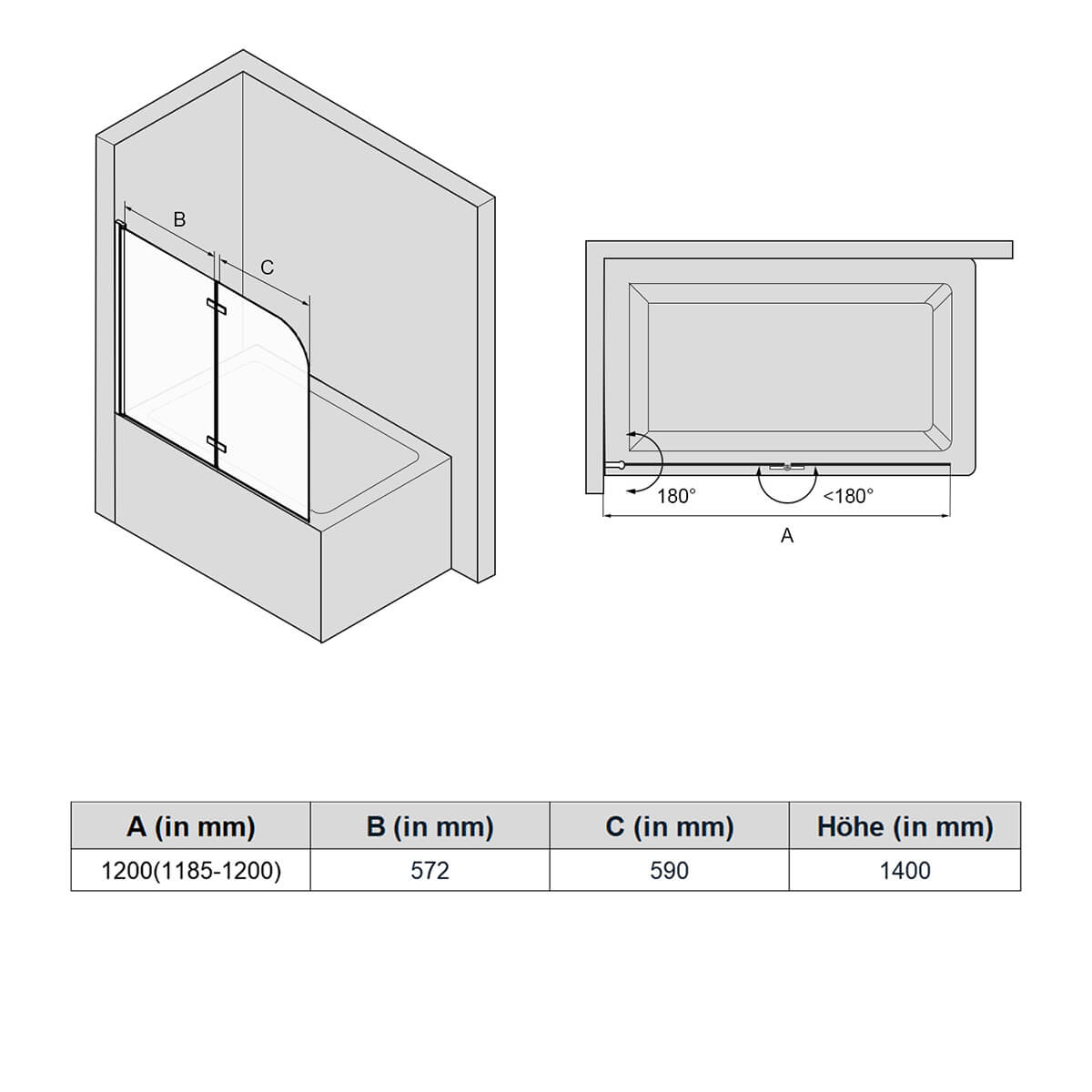 SONNI Duschwand für Badewanne Schwarz NANO-GLAS Badewannenaufsatz 2-teilig faltbar 120x140 cm(BxH) Duschabtrennung Badewanne