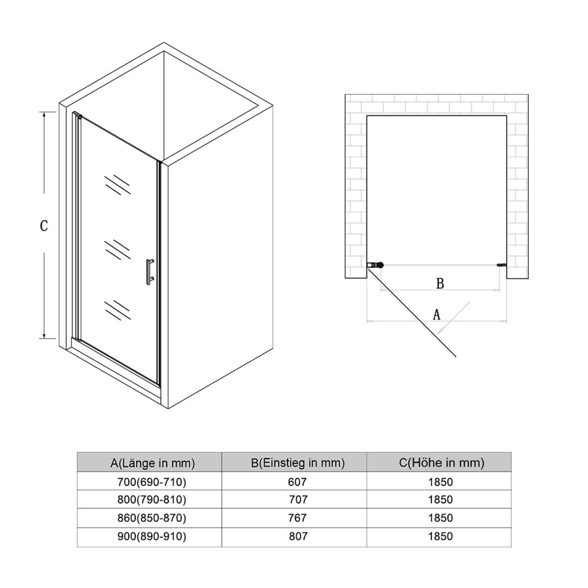 SONNI Dusche Nischentür Duschtür ESG Glastür mit Nano Beschichtung 70-90cm Höhe 185/195cm