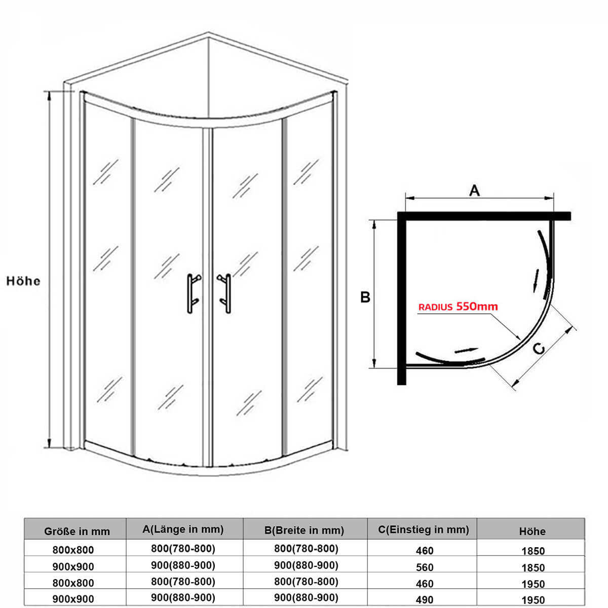 SONNI Duschkabine Runddusche Schiebetür ESG Glastür 80/90/100cm Höhe 185cm /195cm Radius 55cm