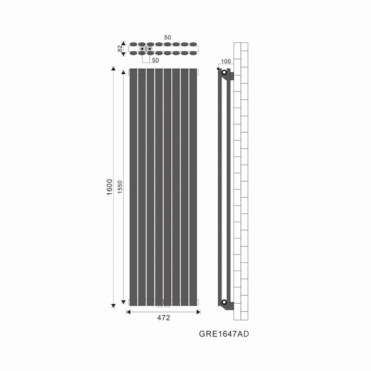 SONNI Design Röhren Heizkörper Oval Paneelheizkörper Vertikal Mittelanschluss Doppellagig 1600*470mm Anthrazit ohne/mit Mutiblock