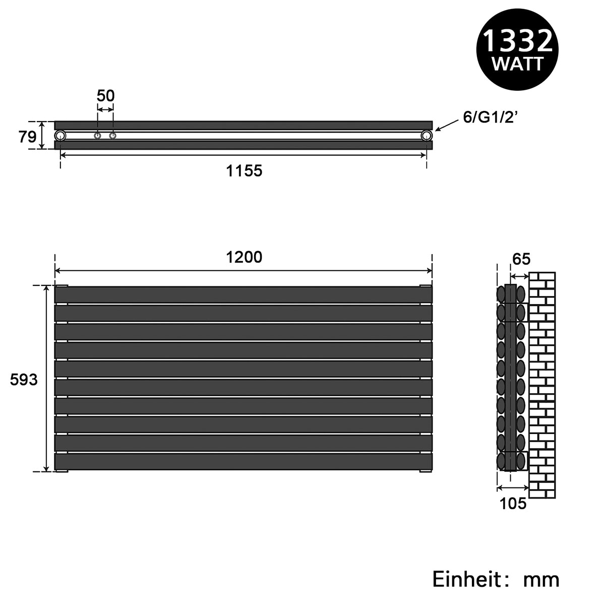 SONNI Heizkörper Design Röhrenheizkörper Horizontal Paneelheizkörper Seitenanschluss Doppellagig Badheizkörper 593*1200mm Anthrazit ohne/mit Mutiblock