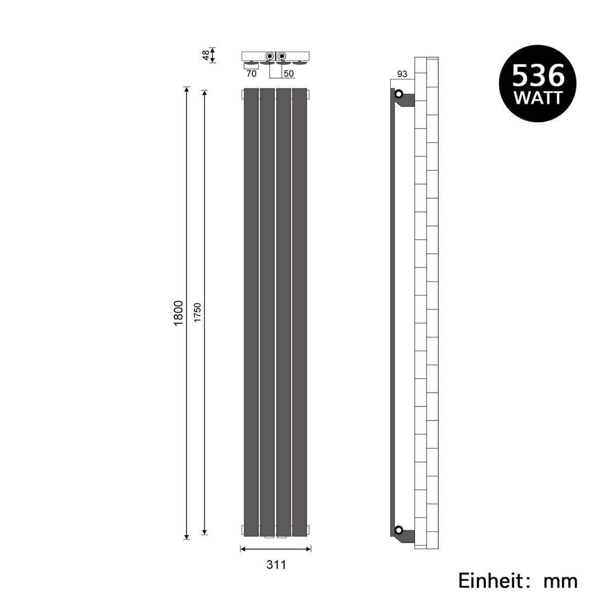 SONNI Flach Heizkörper Paneelheizkörper Wandheizung Mittelanschluss 1800*308mm Anthrazit ohne/mit Mutiblock