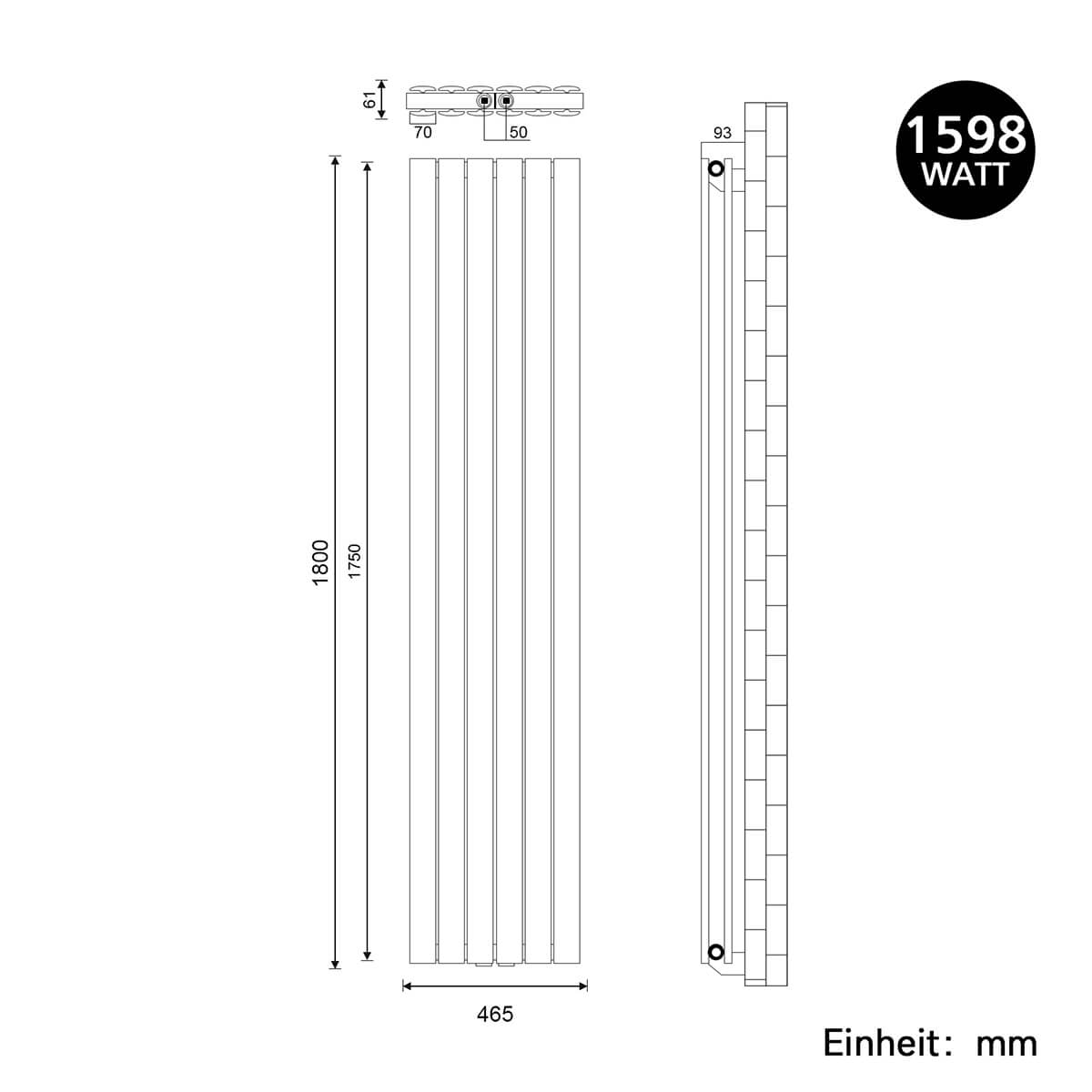 SONNI Flach Heizkörper Paneelheizkörper Wandheizung Mittelanschluss 1800*462mm Weiß ohne/mit Mutiblock