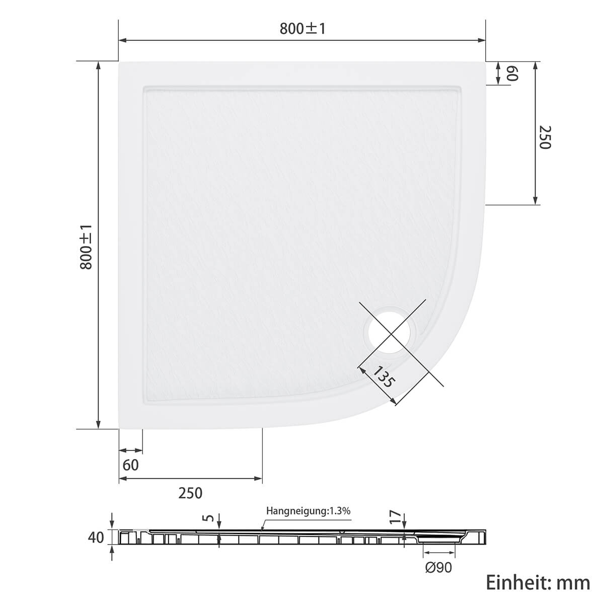 SONNI Oval Duschtasse - Niedrigprofil Duschwanne mit 550 mm Radius, Extra Flach, SMC, Inklusive Ablaufgarnitur