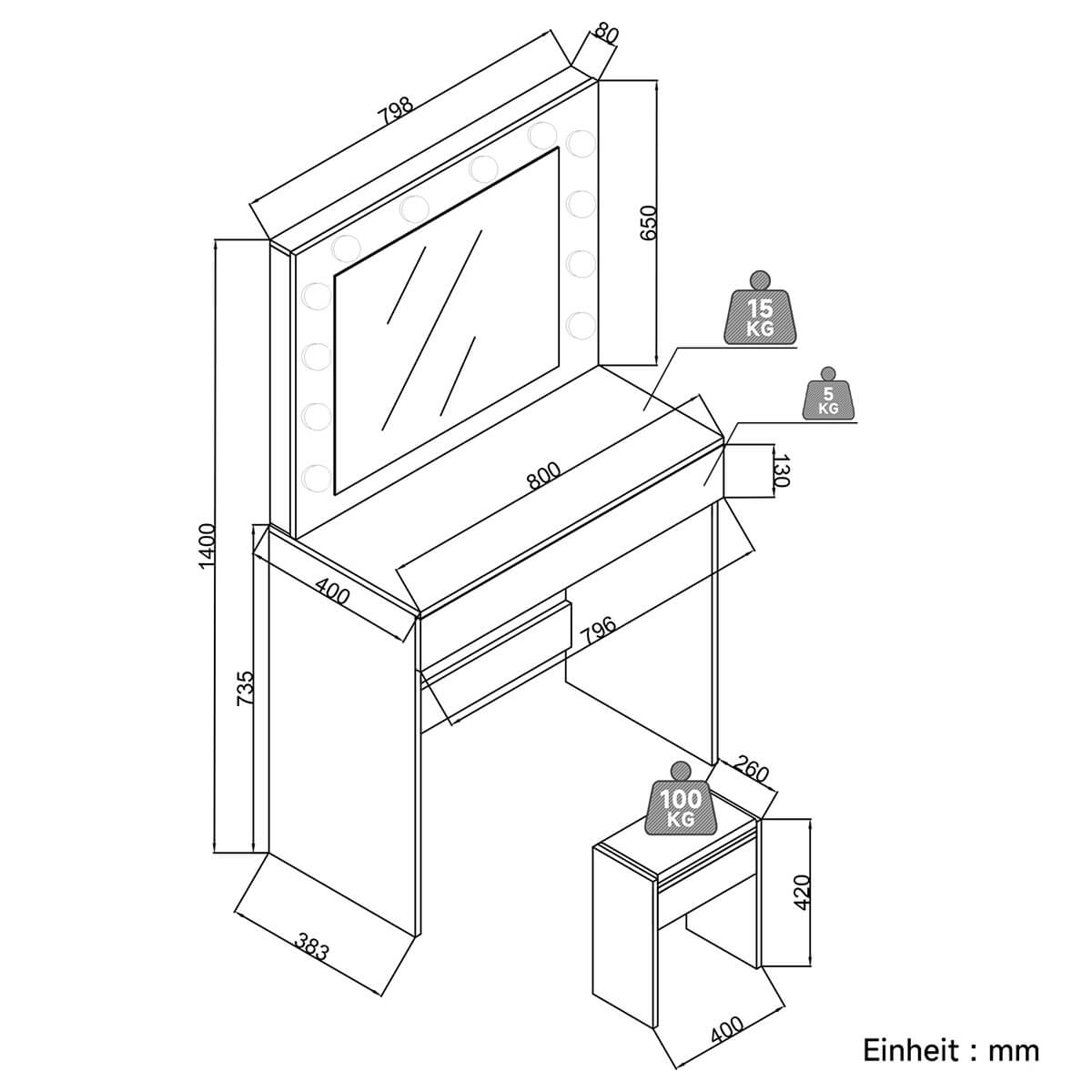 SONNI Schminktisch mit Hocker Spiegel, Kosmetiktisch mit Schubladen für Schlafzimmer, Frisiertisch Schreibtisch aus MFC und Massivholz, Kinderleichte Montage, Weiß