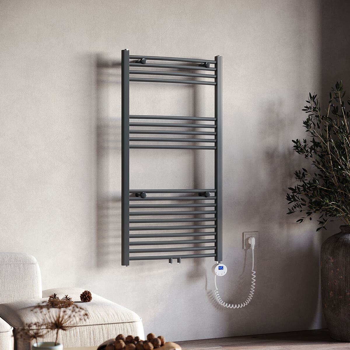 SONNI Badheizkörper Elektrisch mit Thermostat Anthrazit Handtuchtrockner Mittelanschluss Oval Handtuchwärmer für Bad Heizung Ohne /Mit Multiblock