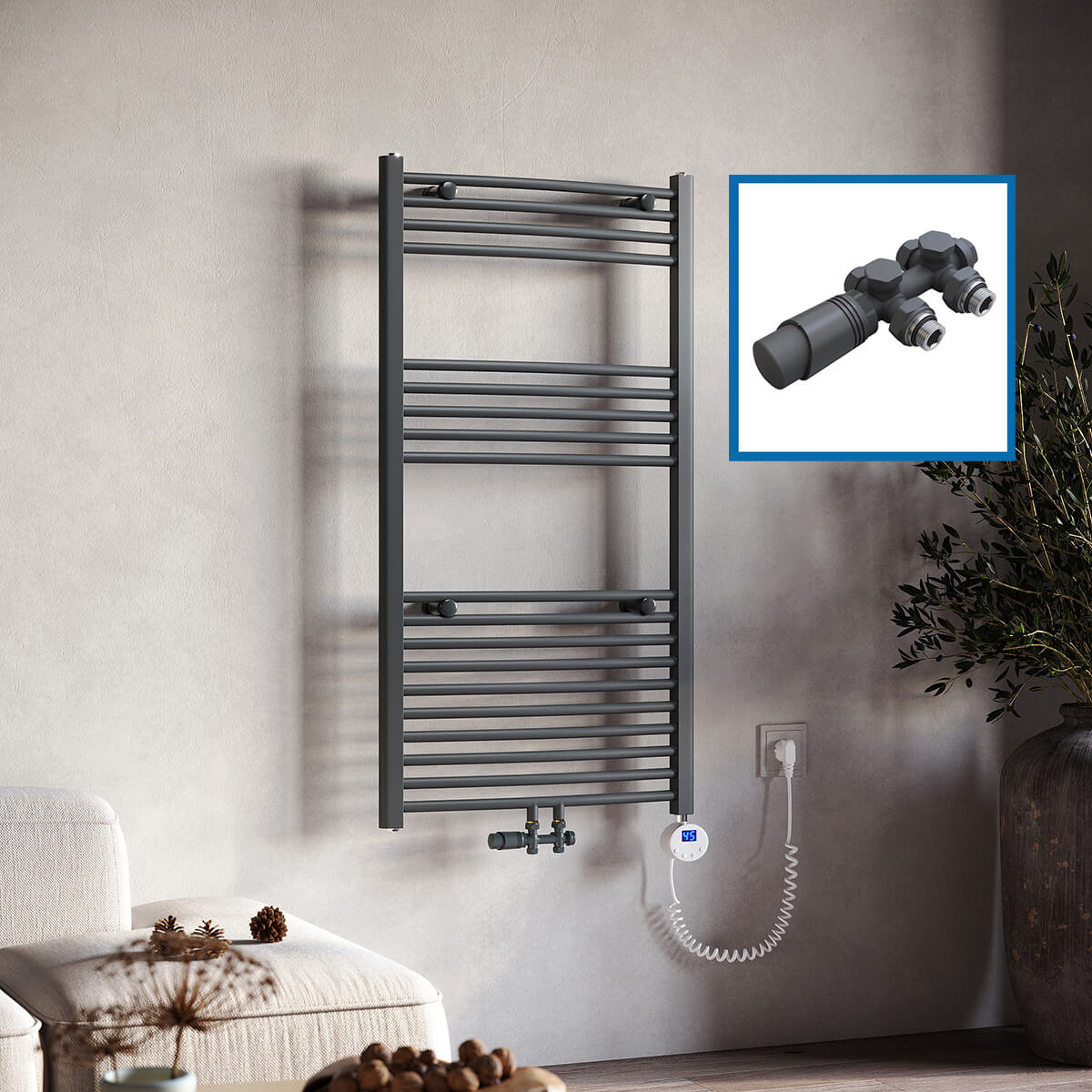 SONNI Badheizkörper Elektrisch mit Thermostat Anthrazit Handtuchtrockner Mittelanschluss Oval Handtuchwärmer für Bad Heizung Ohne /Mit Multiblock