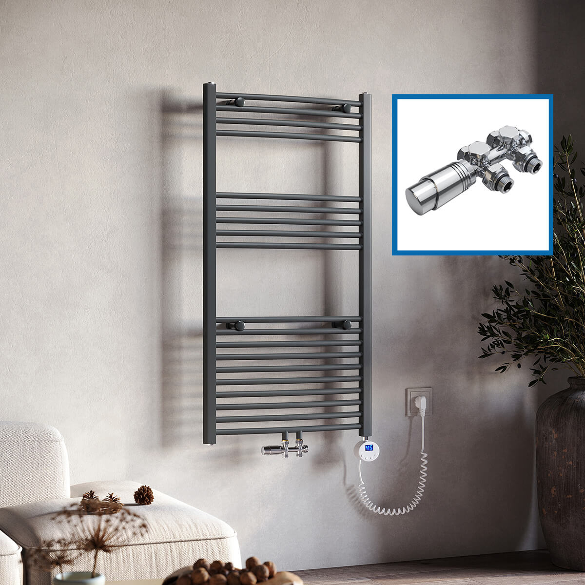 SONNI Badheizkörper Elektrisch mit Thermostat Anthrazit Handtuchtrockner Mittelanschluss Oval Handtuchwärmer für Bad Heizung Ohne /Mit Multiblock