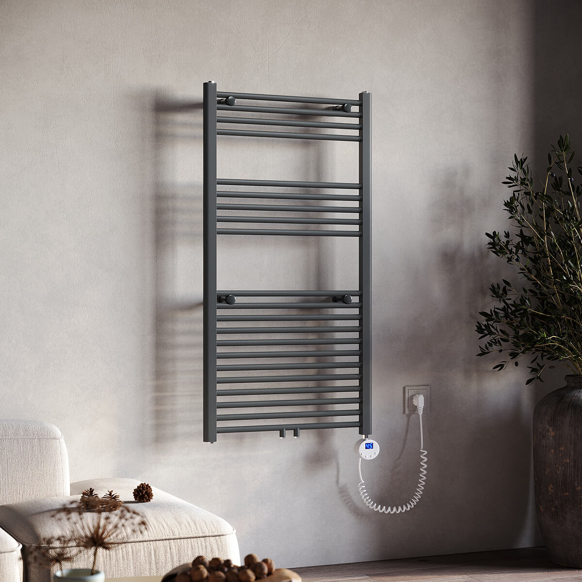 SONNI Badheizkörper Elektrisch mit Thermostat Anthrazit Handtuchtrockner Mittelanschluss Oval Handtuchwärmer für Bad Heizung Ohne /Mit Multiblock