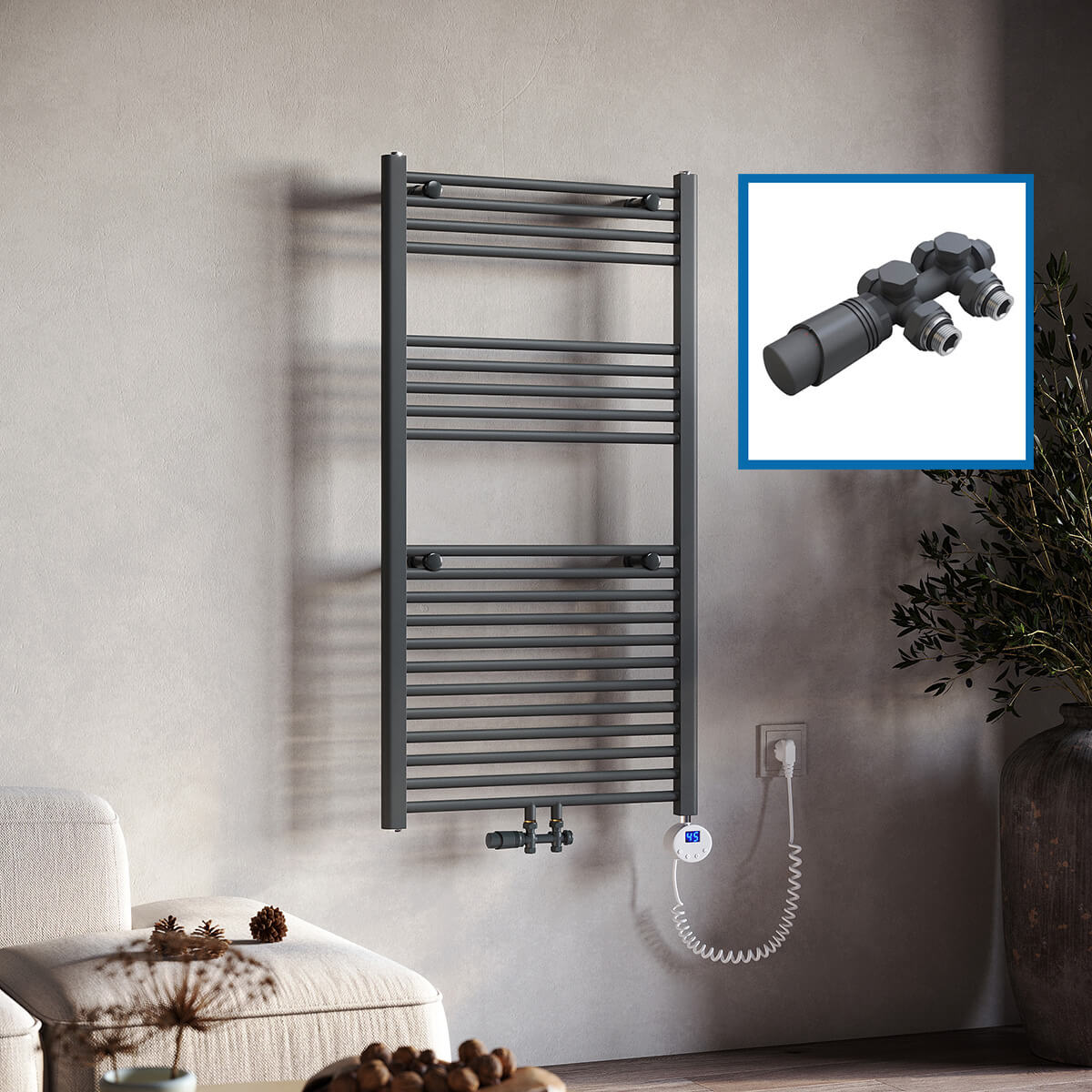 SONNI Badheizkörper Elektrisch mit Thermostat Anthrazit Handtuchtrockner Mittelanschluss Oval Handtuchwärmer für Bad Heizung Ohne /Mit Multiblock