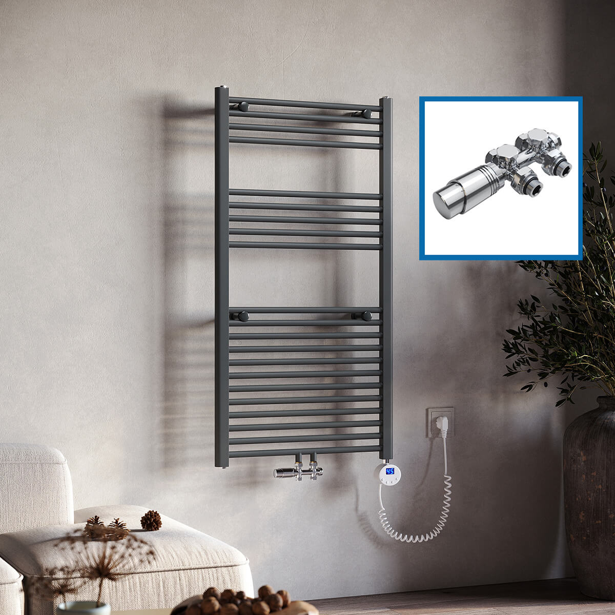 SONNI Badheizkörper Elektrisch mit Thermostat Anthrazit Handtuchtrockner Mittelanschluss Oval Handtuchwärmer für Bad Heizung Ohne /Mit Multiblock