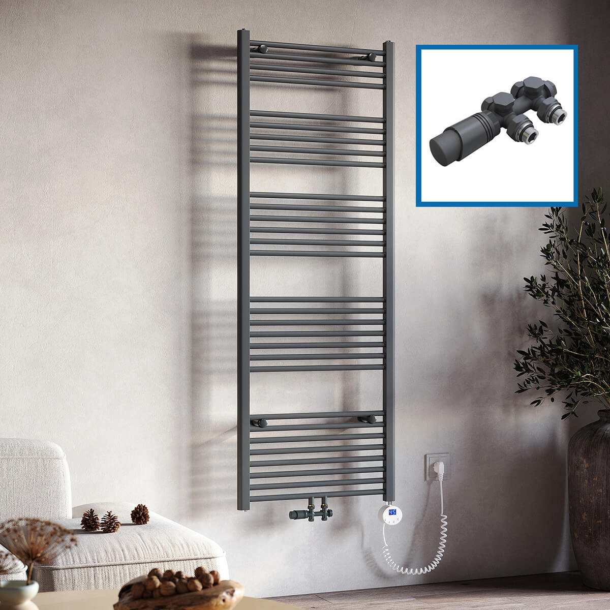 SONNI Badheizkörper Elektrisch mit Thermostat Anthrazit Handtuchtrockner Mittelanschluss Oval Handtuchwärmer für Bad Heizung Ohne /Mit Multiblock
