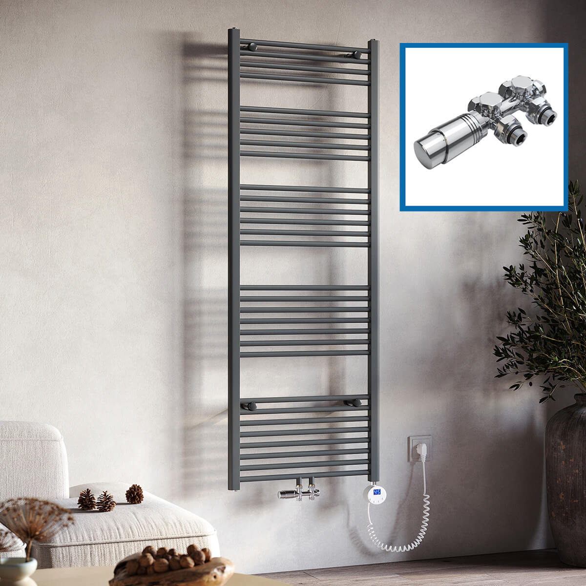 SONNI Badheizkörper Elektrisch mit Thermostat Anthrazit Handtuchtrockner Mittelanschluss Oval Handtuchwärmer für Bad Heizung Ohne /Mit Multiblock