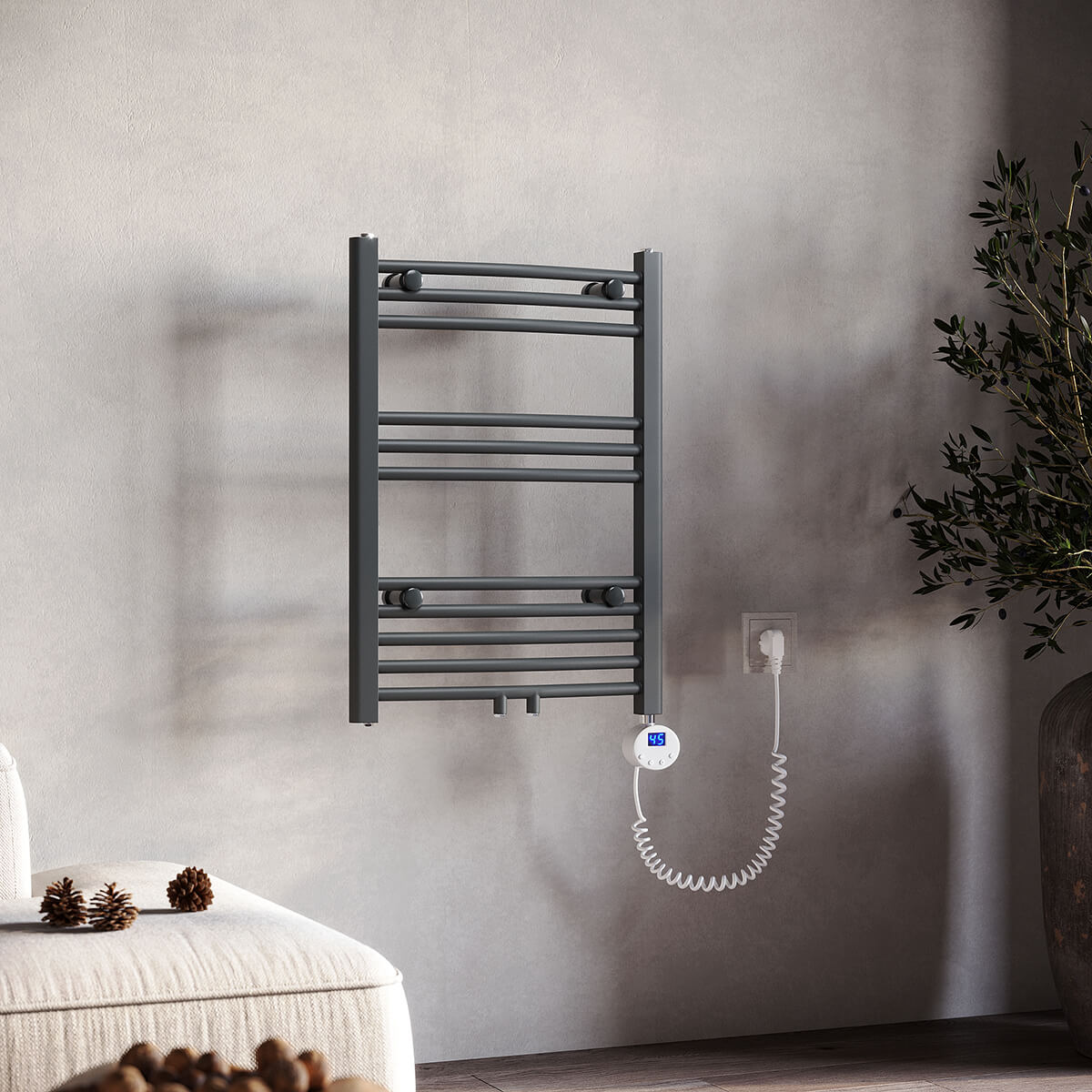 SONNI Badheizkörper Elektrisch mit Thermostat Anthrazit Handtuchtrockner Mittelanschluss Oval Handtuchwärmer für Bad Heizung Ohne /Mit Multiblock