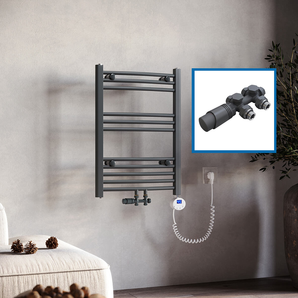 SONNI Badheizkörper Elektrisch mit Thermostat Anthrazit Handtuchtrockner Mittelanschluss Oval Handtuchwärmer für Bad Heizung Ohne /Mit Multiblock