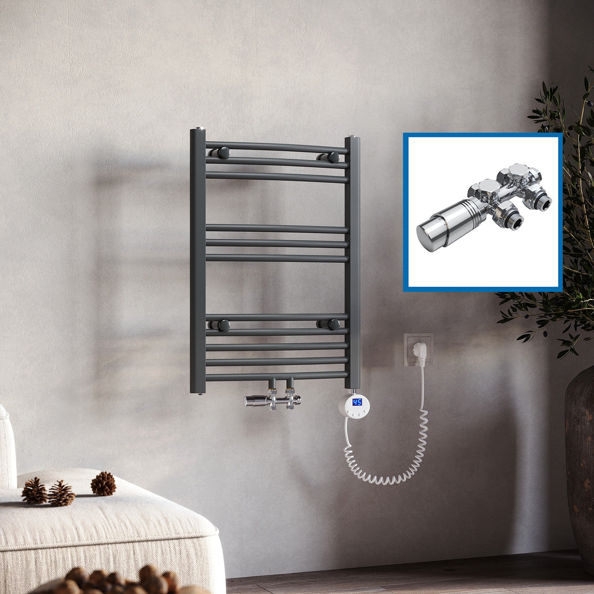 SONNI Badheizkörper Elektrisch mit Thermostat Anthrazit Handtuchtrockner Mittelanschluss Oval Handtuchwärmer für Bad Heizung Ohne /Mit Multiblock