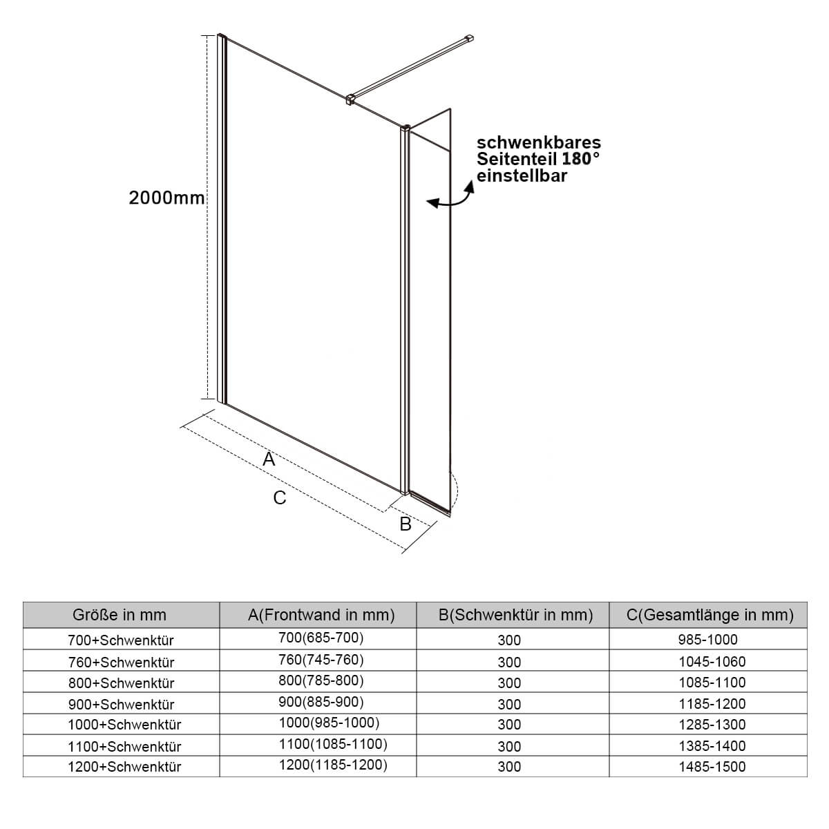 SONNI Walk In Dusche Duschabtrennung Duschwand Nano Beschichtung Klarglas Mit 30cm schwenkbarer Seitenteil